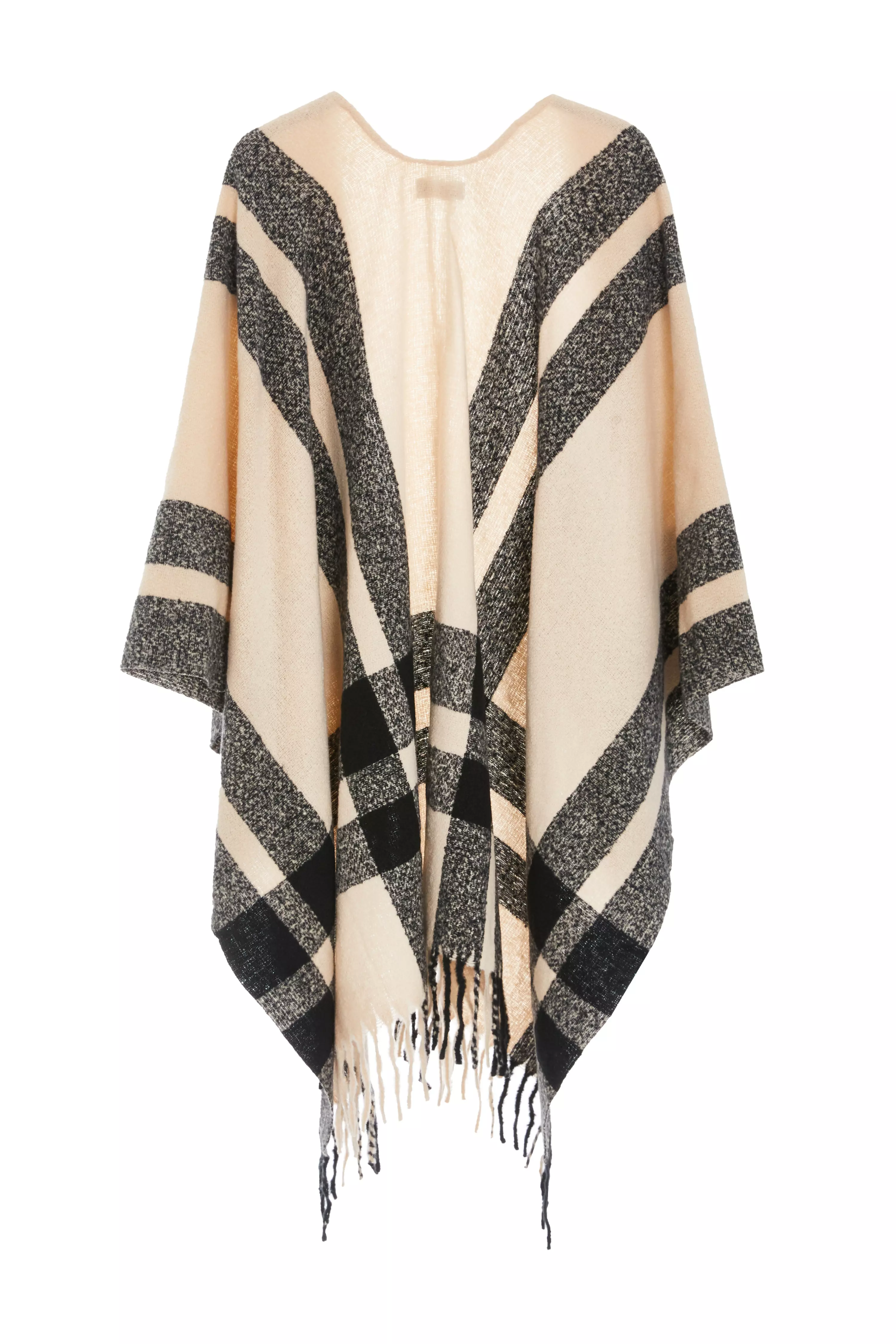 Cream Check Print Tassel Cape
