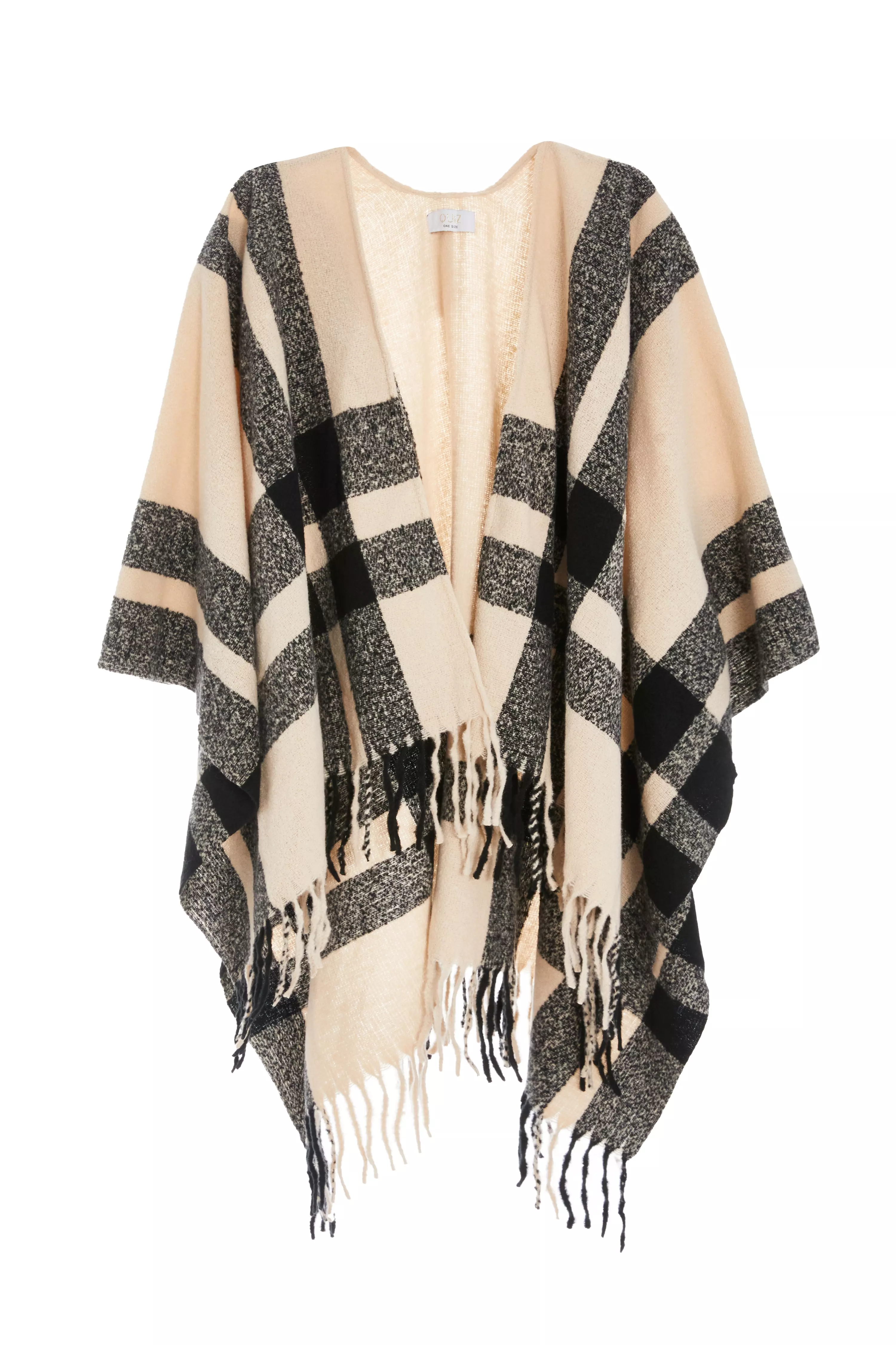 Cream Check Print Tassel Cape
