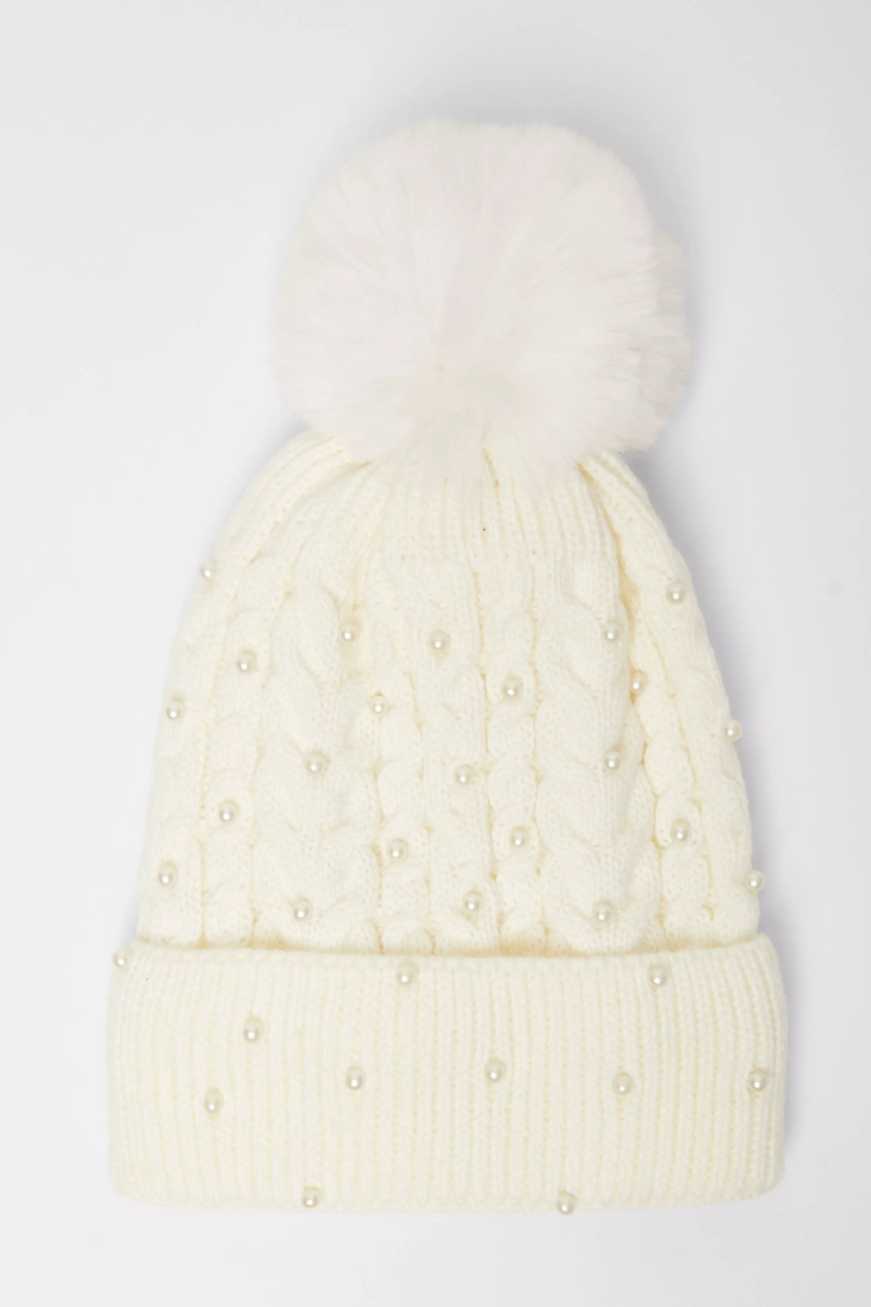 Cream Pearl Herringbone Knitted Hat