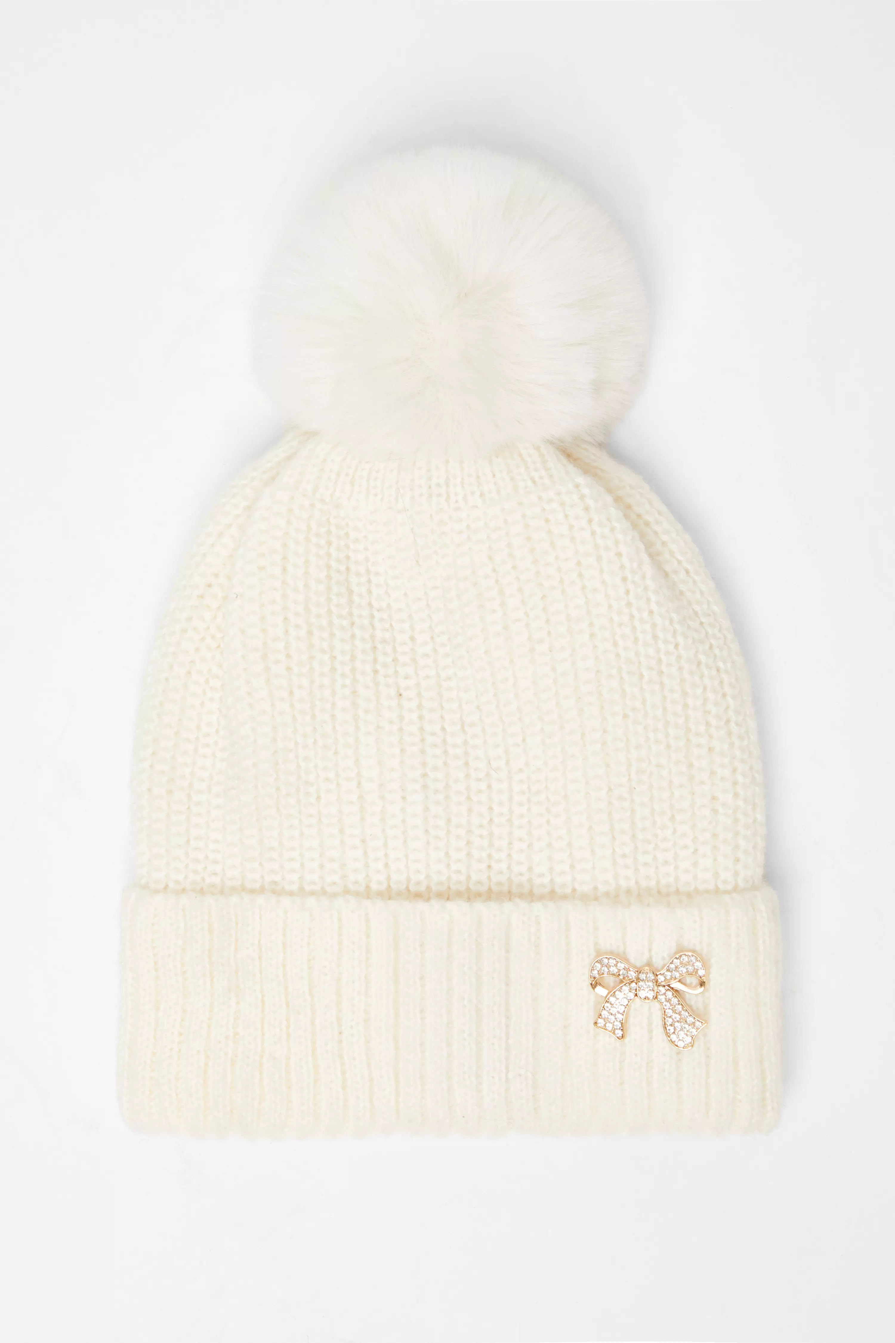 Cream Bow Herringbone Knitted Hat