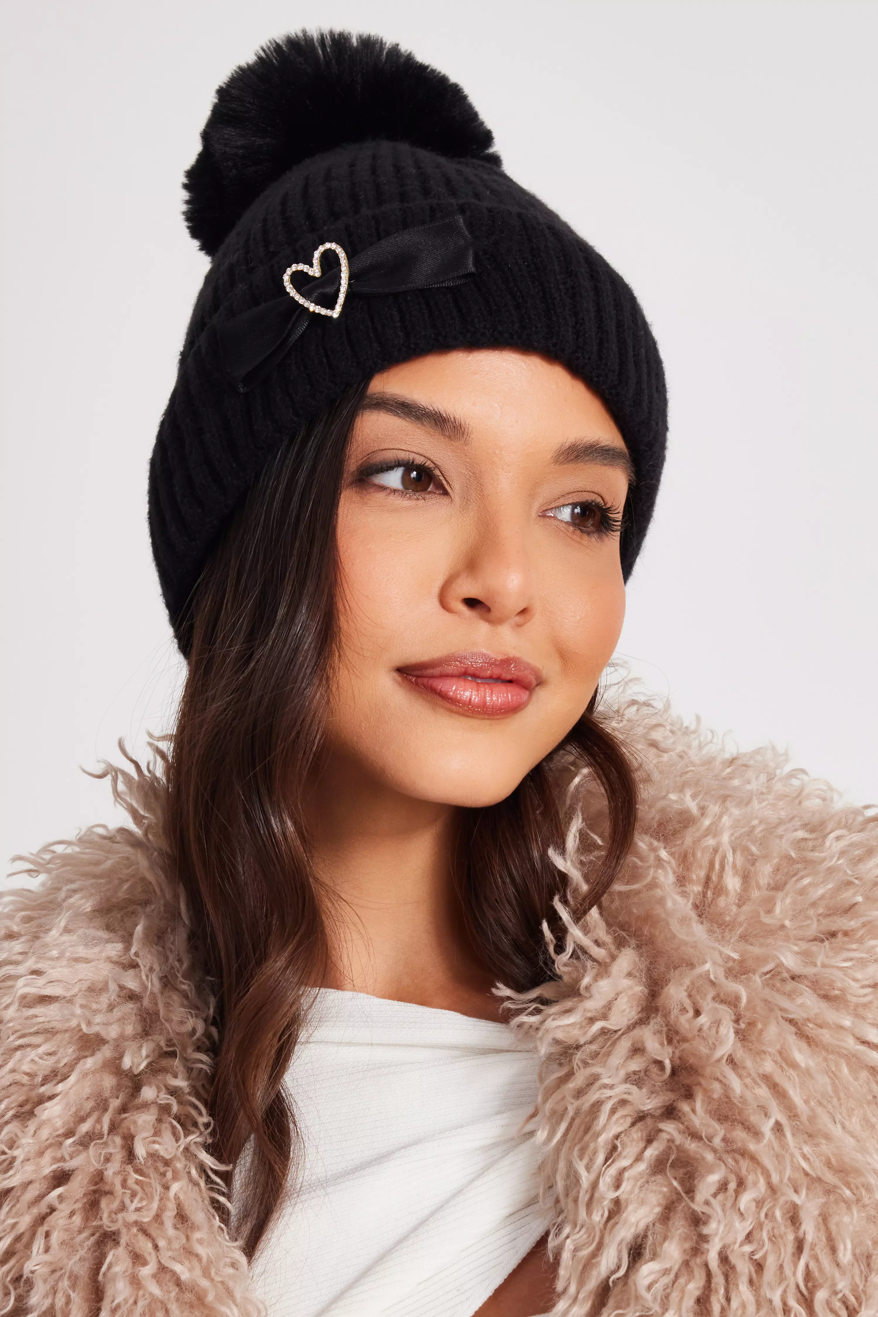 Black Bow Herringbone Knitted Hat