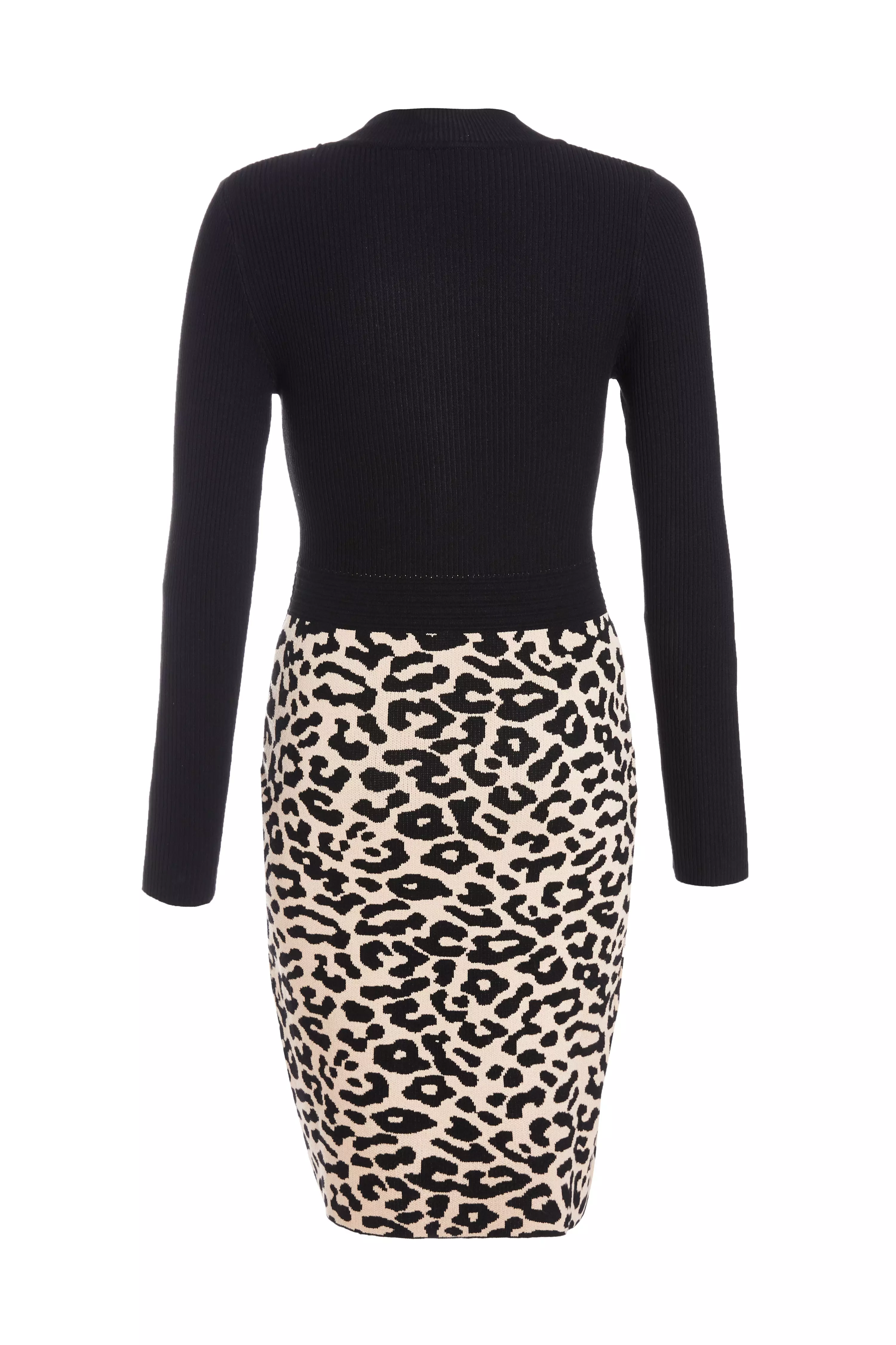 Black Knit Leopard Print Jumper Dress