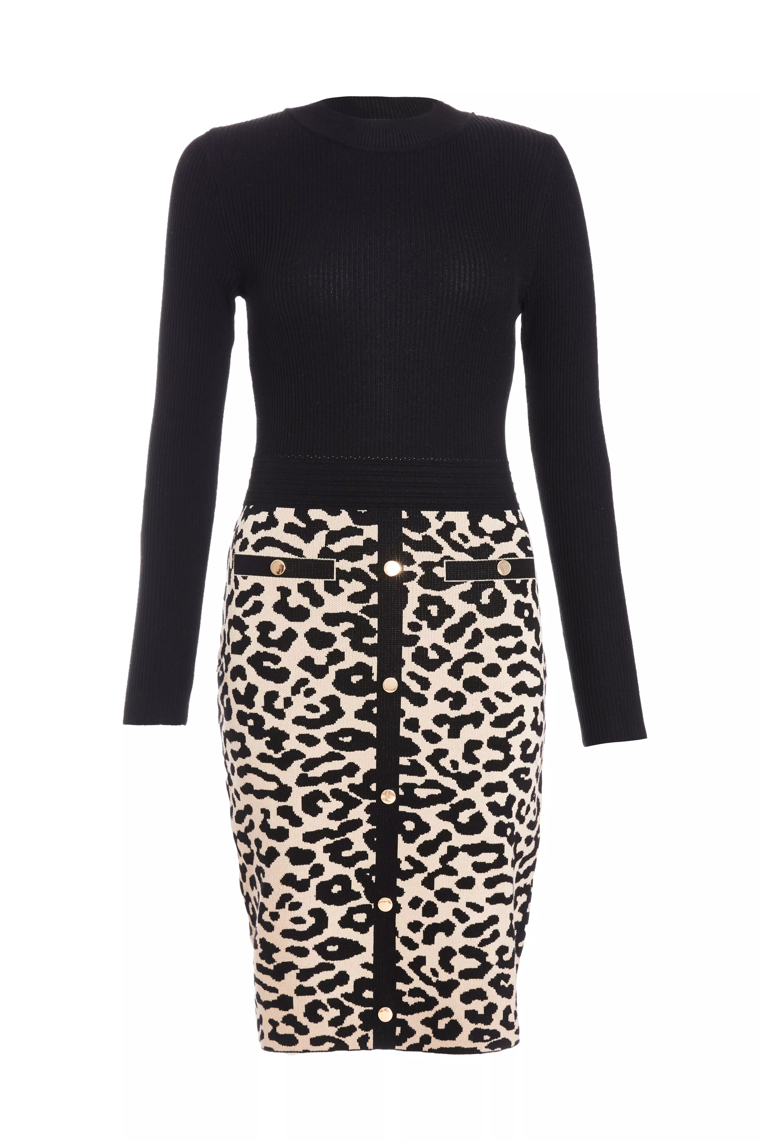 Black Knit Leopard Print Jumper Dress