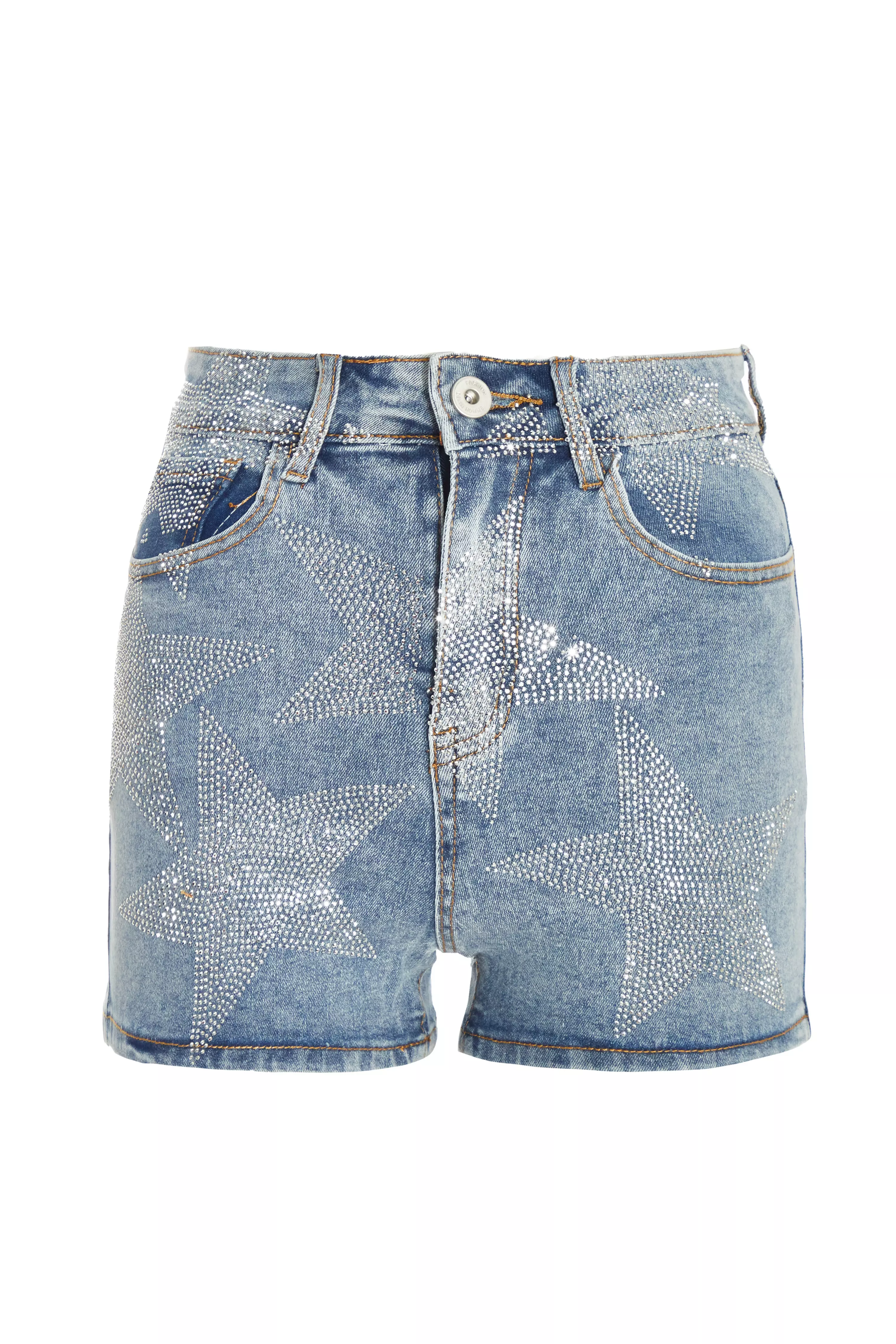 Blue Denim Star Embellished Shorts