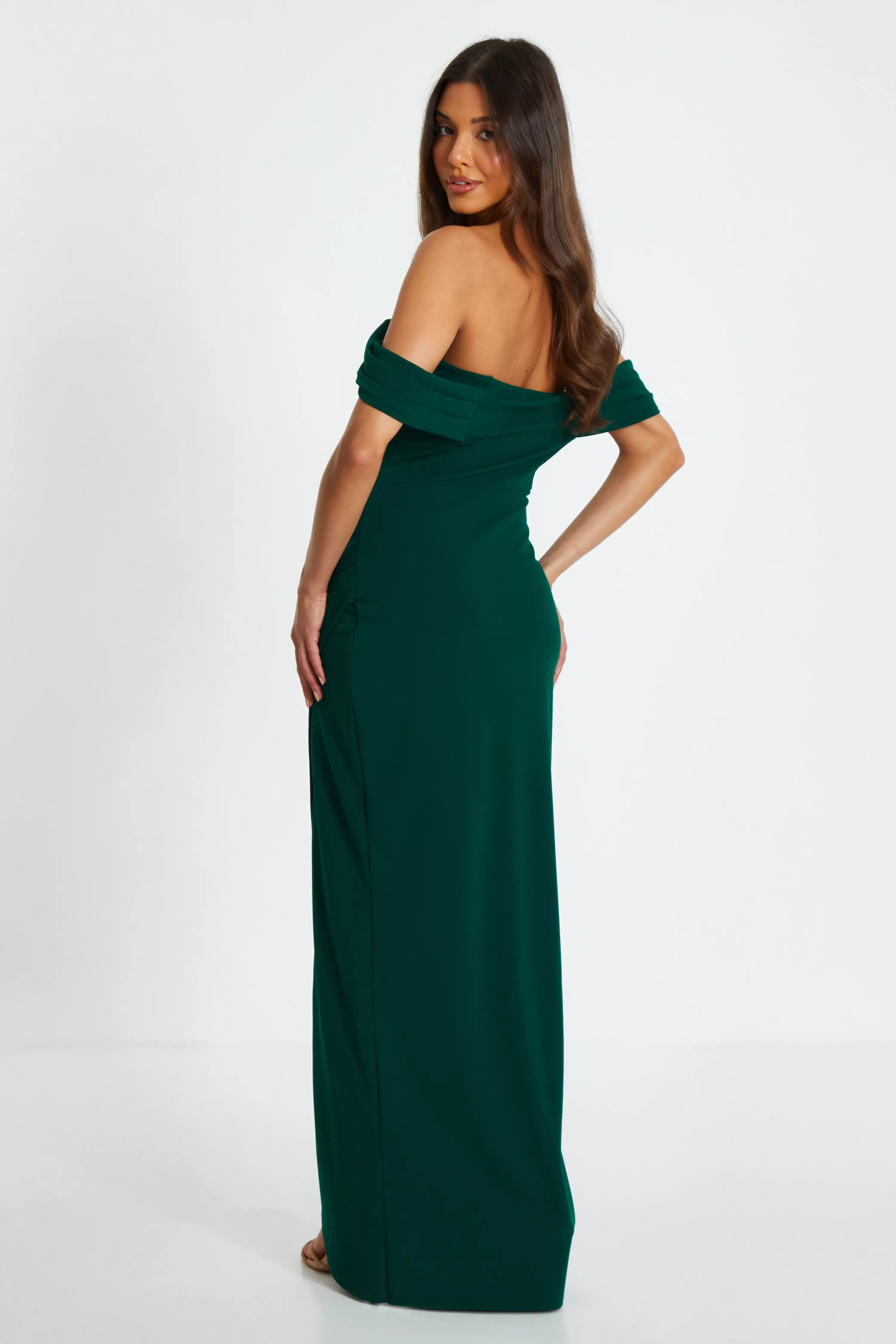 Bottle Green Bardot Ruched Maxi Dress