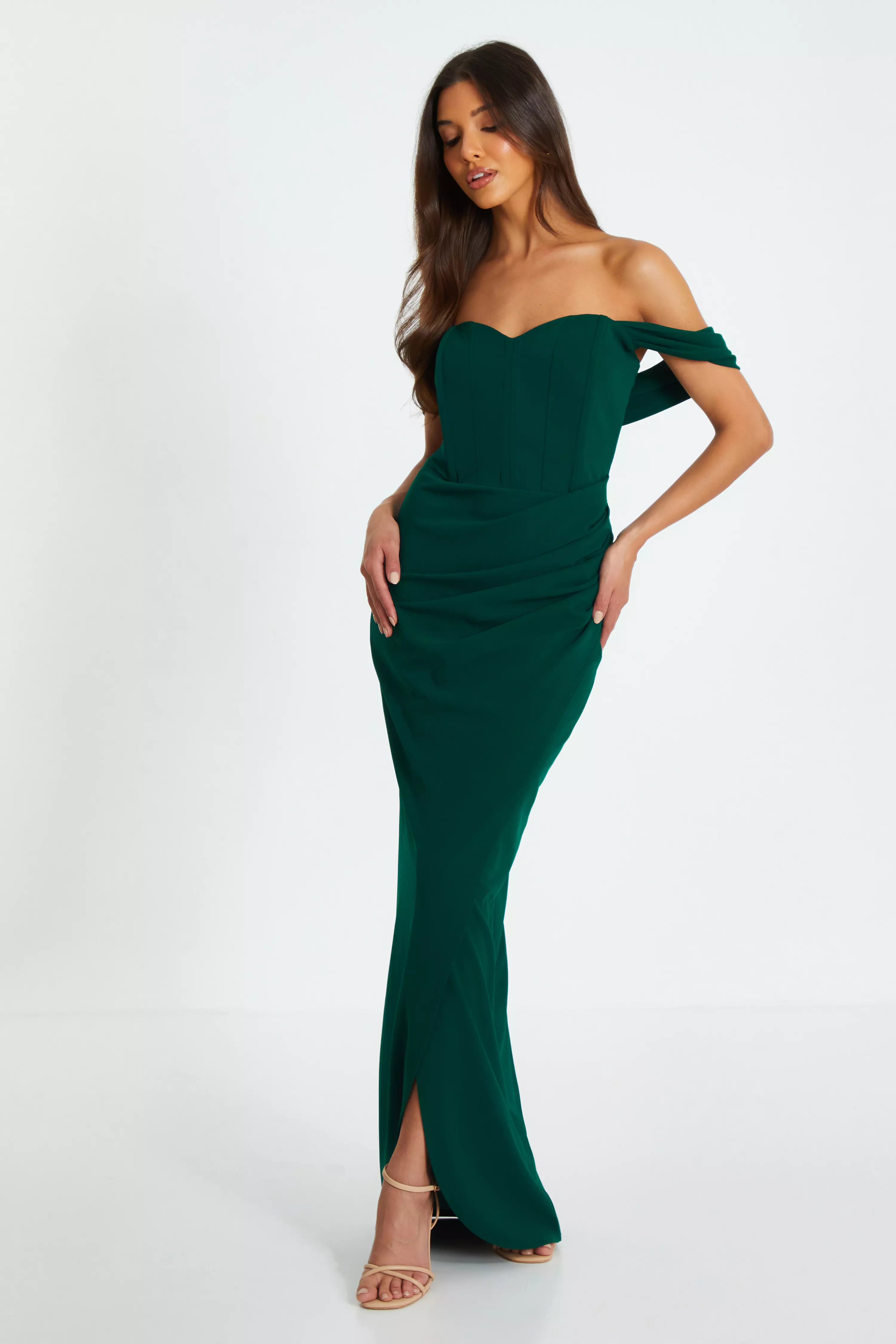 Bottle Green Bardot Ruched Maxi Dress