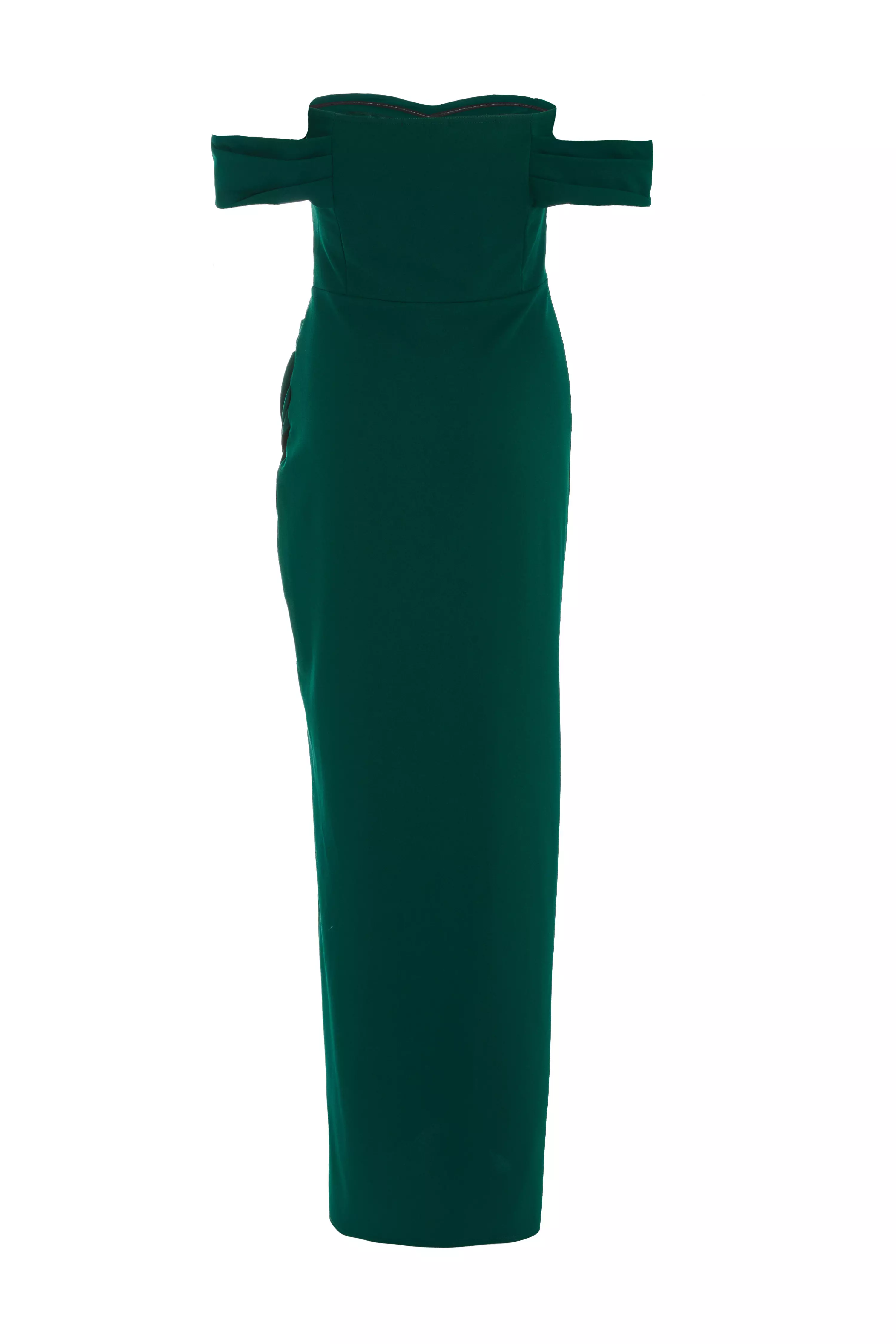 Bottle Green Bardot Ruched Maxi Dress