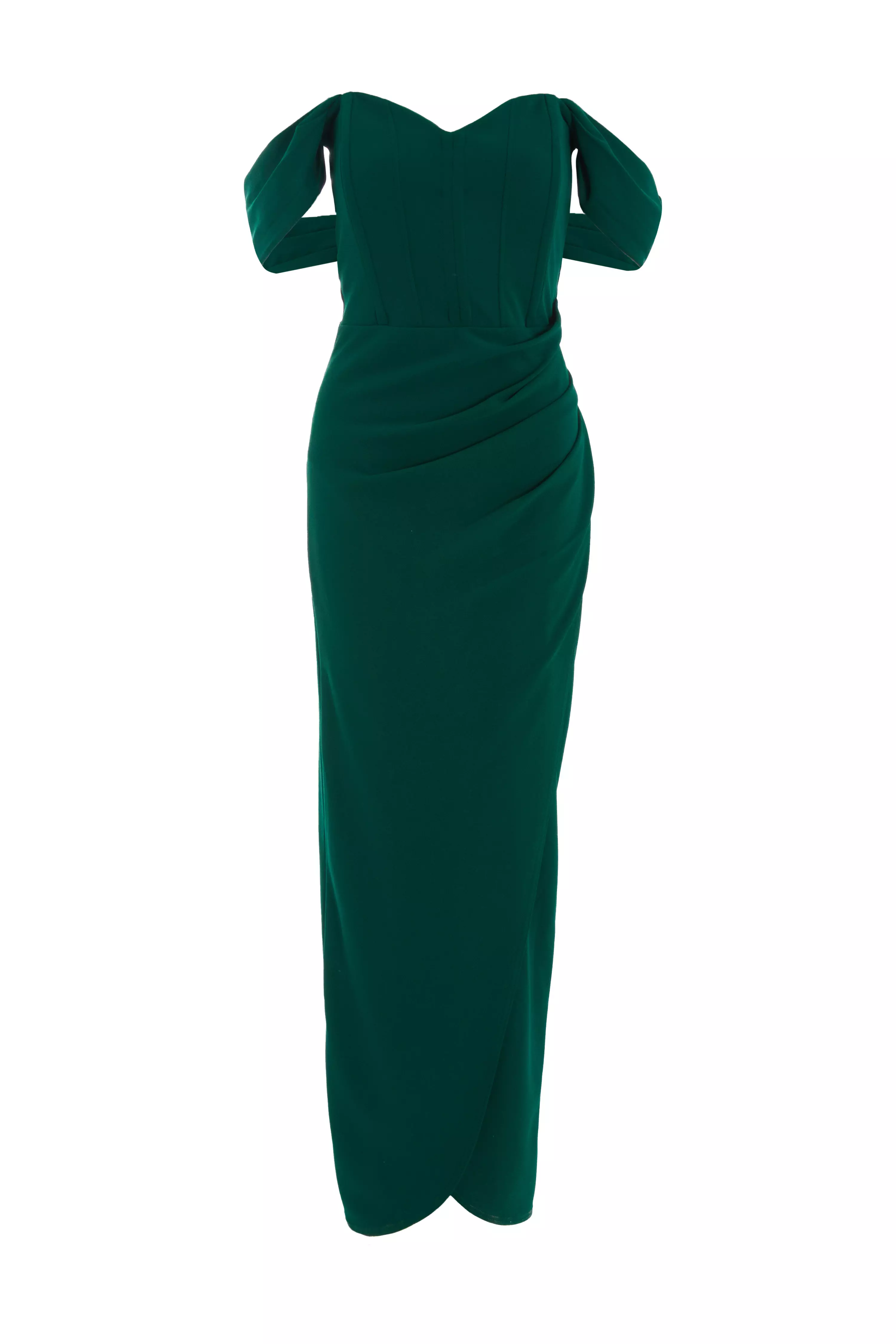 Bottle Green Bardot Ruched Maxi Dress