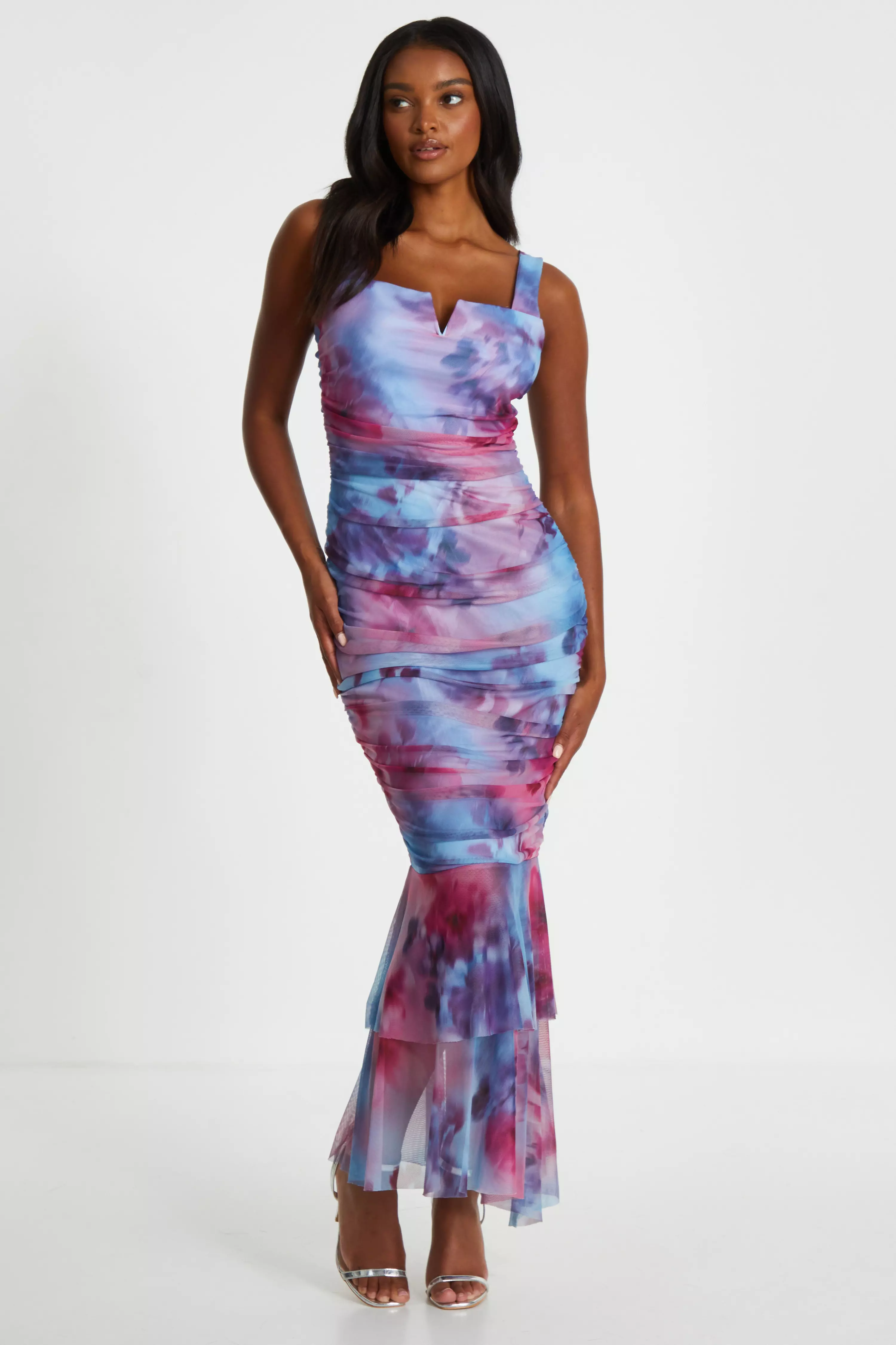 Berry Floral Mesh Fish Tail Midaxi Dress