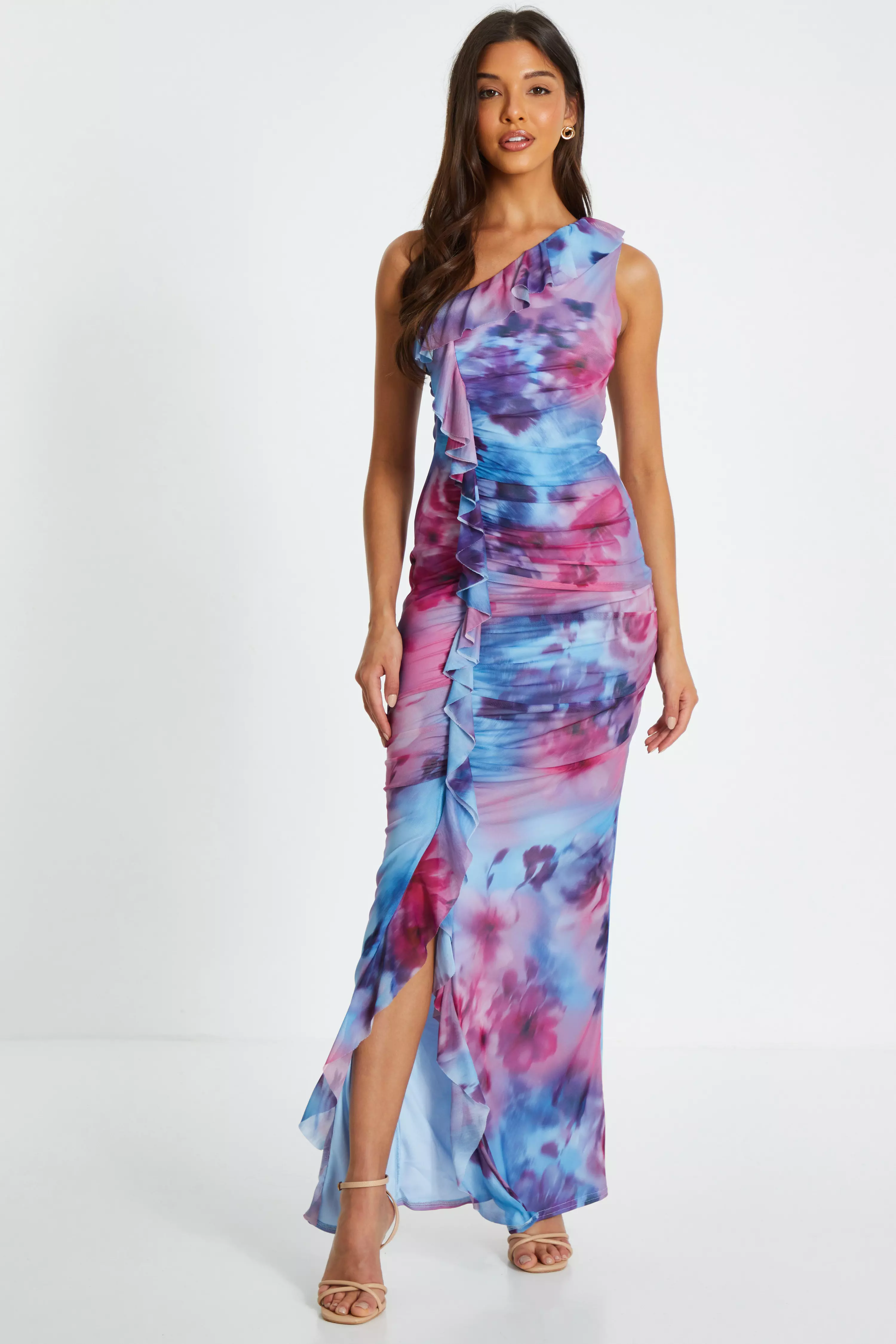 Berry Floral Ruched One Shoulder Maxi Dress