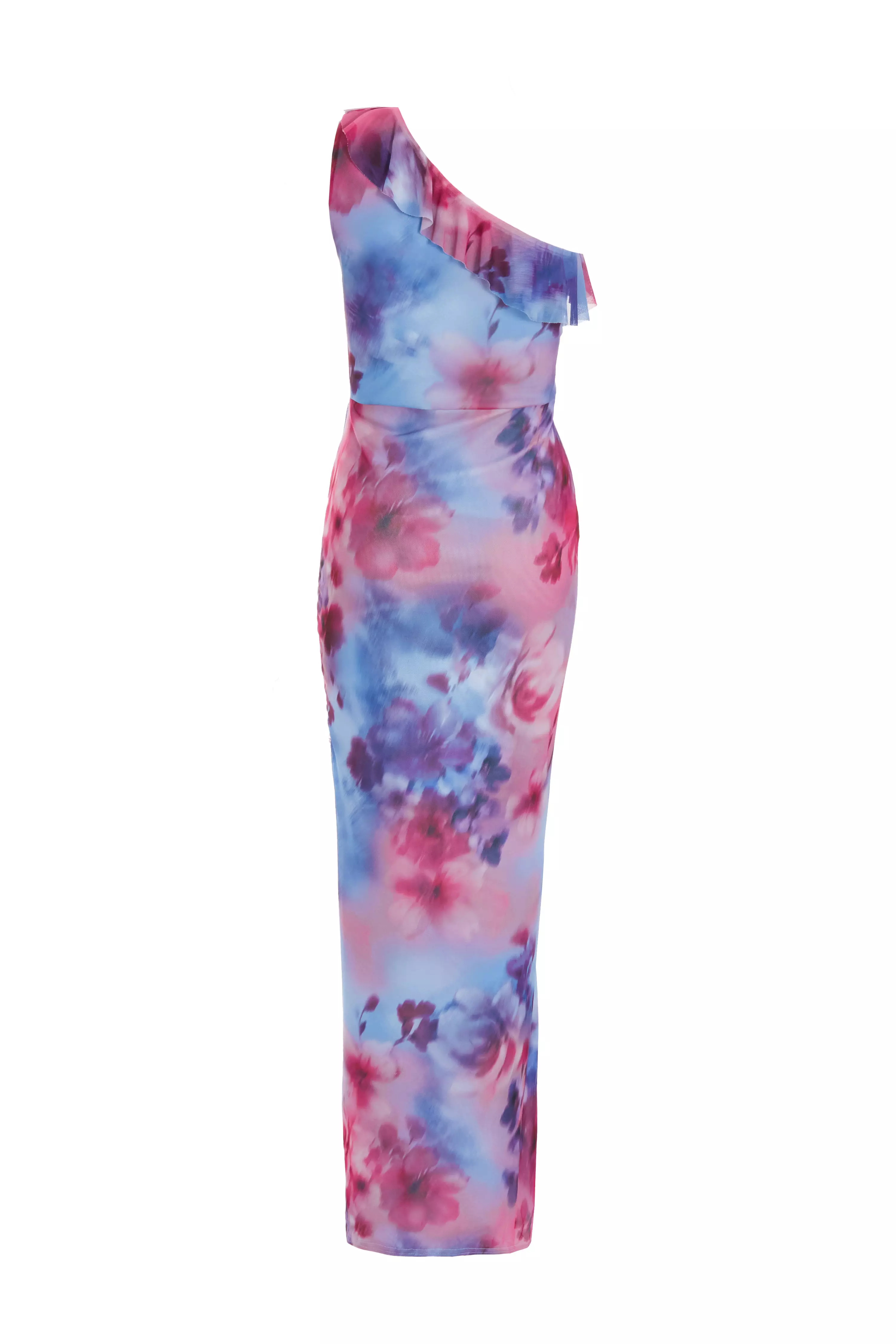 Berry Floral Ruched One Shoulder Maxi Dress