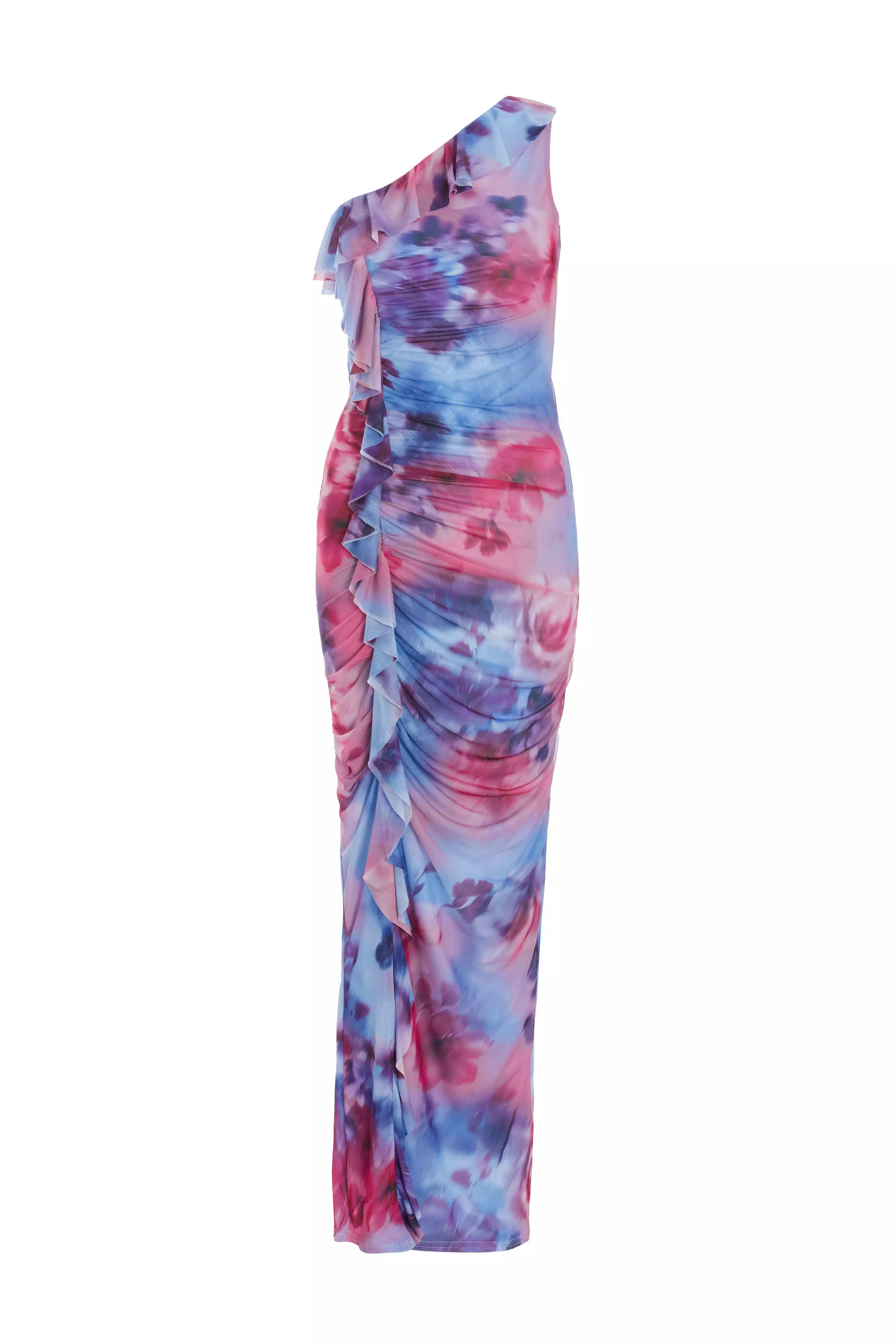 Berry Floral Ruched One Shoulder Maxi Dress