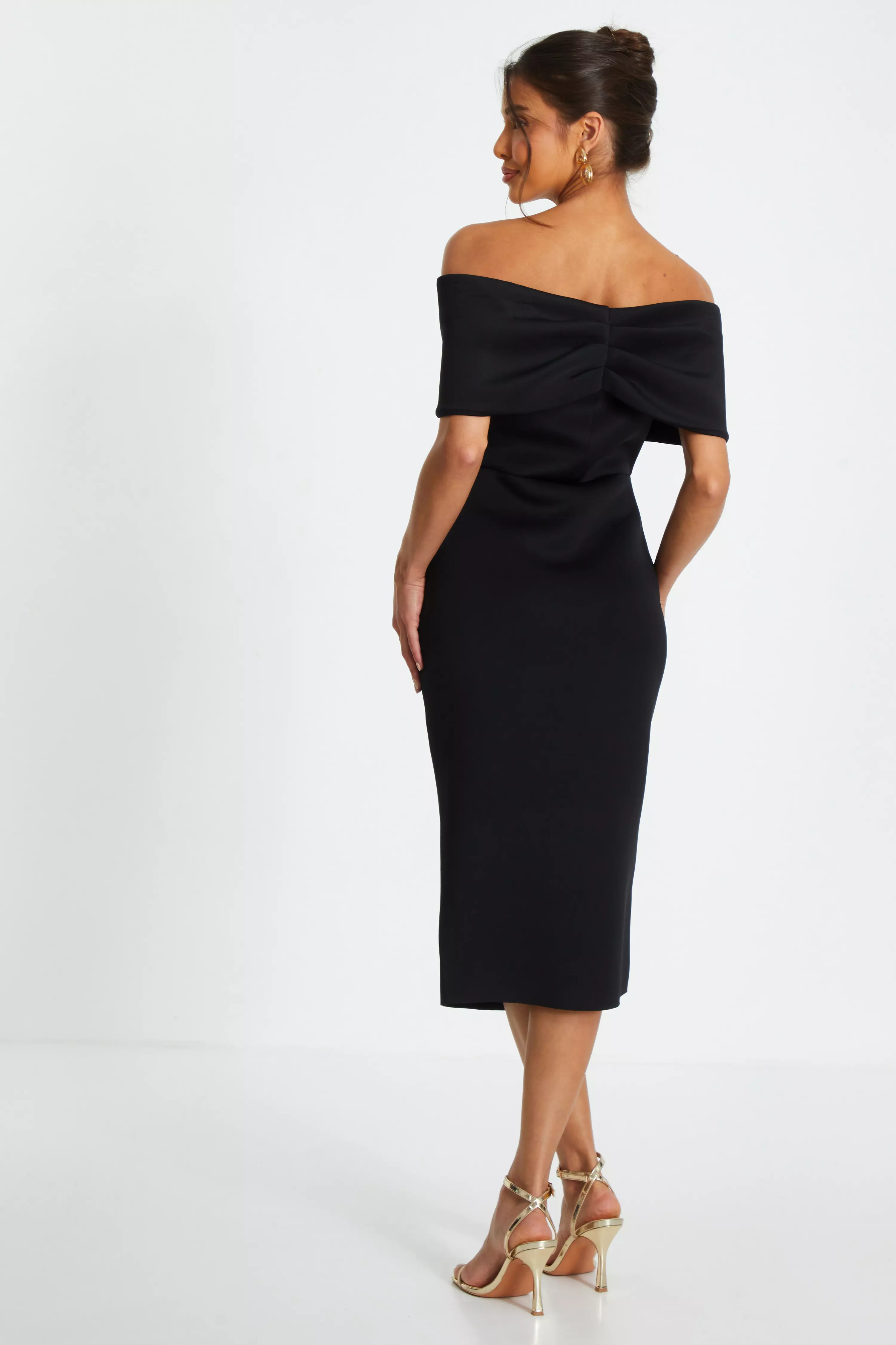 Black Bardot Ruched Wrap Midi Dress