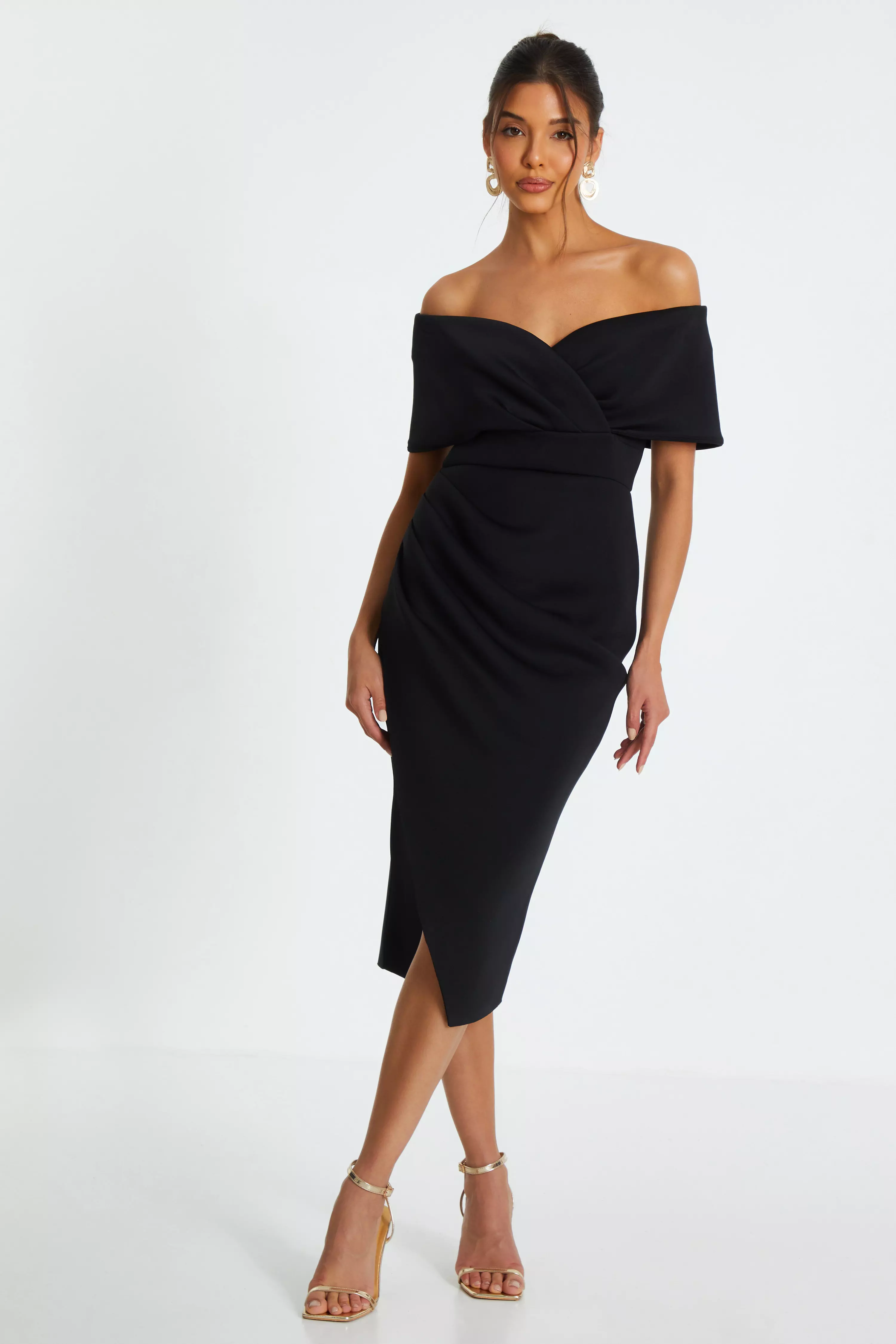 Black Bardot Ruched Wrap Midi Dress