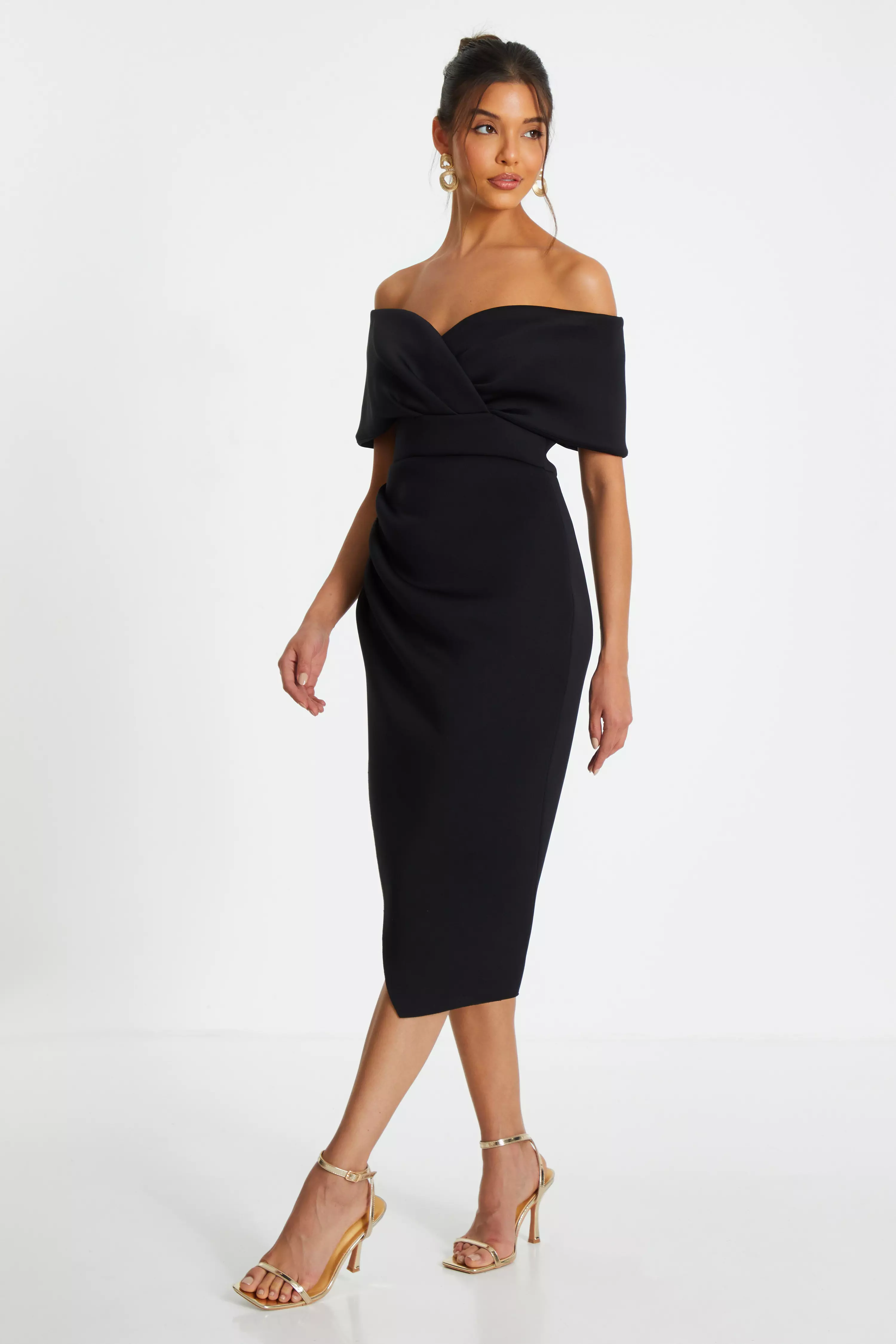 Black Bardot Ruched Wrap Midi Dress