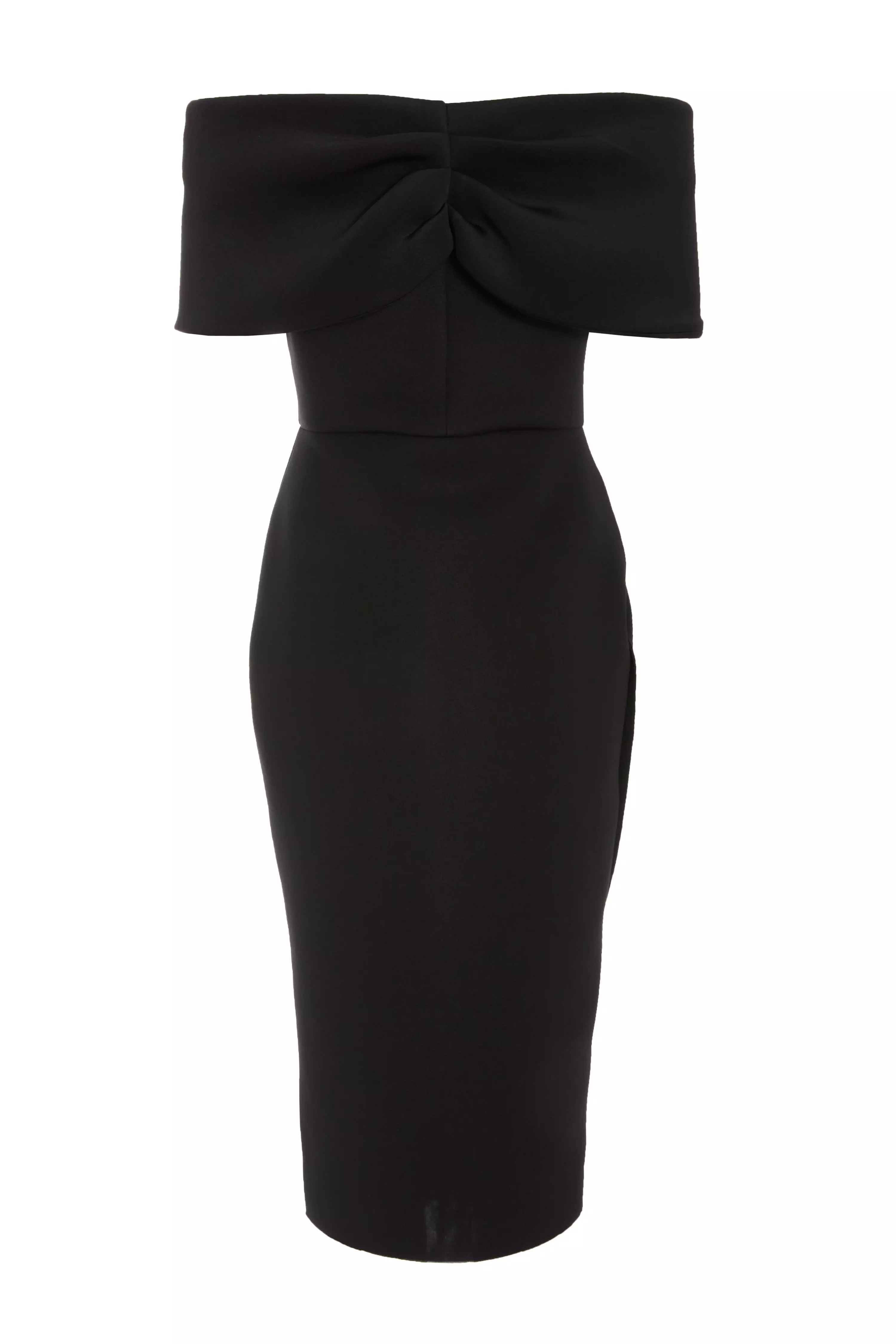 Black Bardot Ruched Wrap Midi Dress