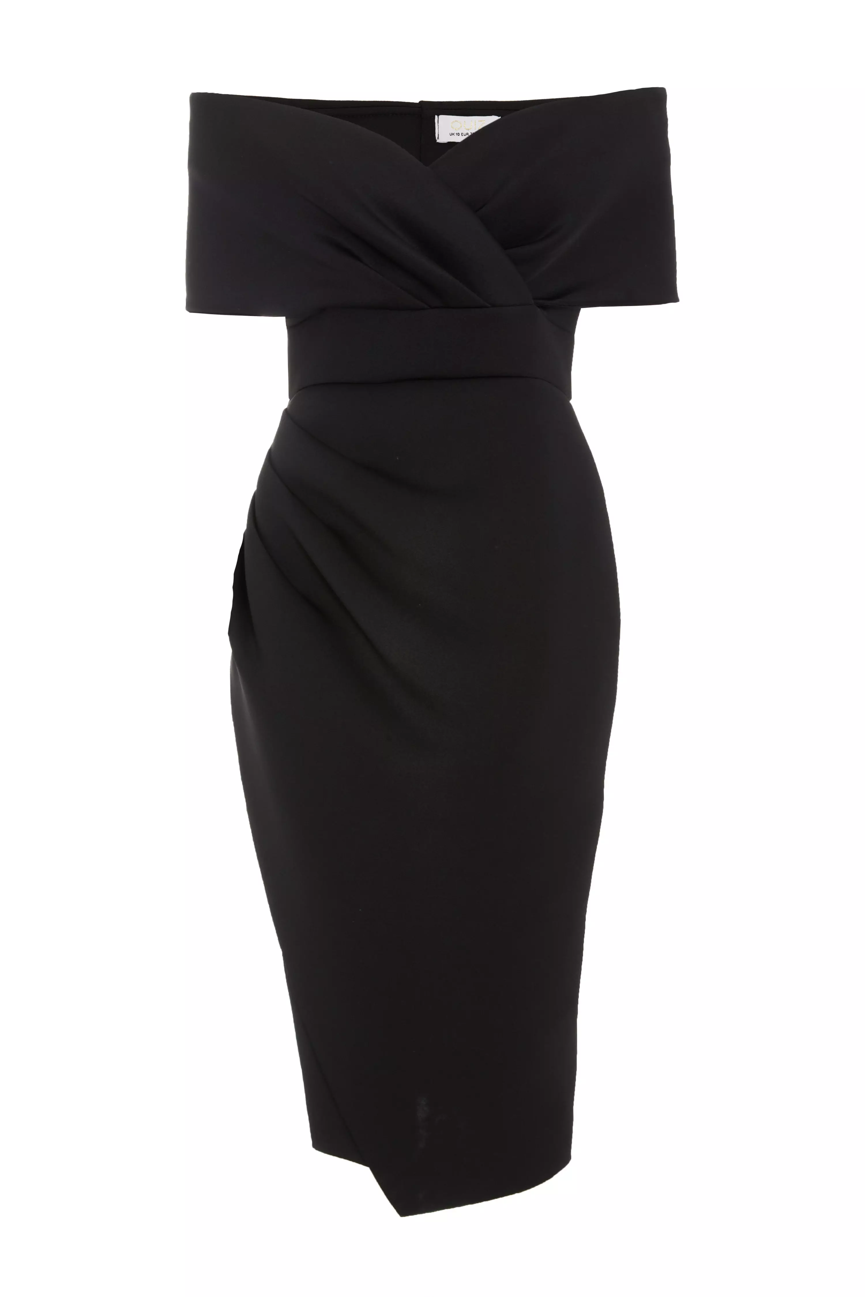 Black Bardot Ruched Wrap Midi Dress