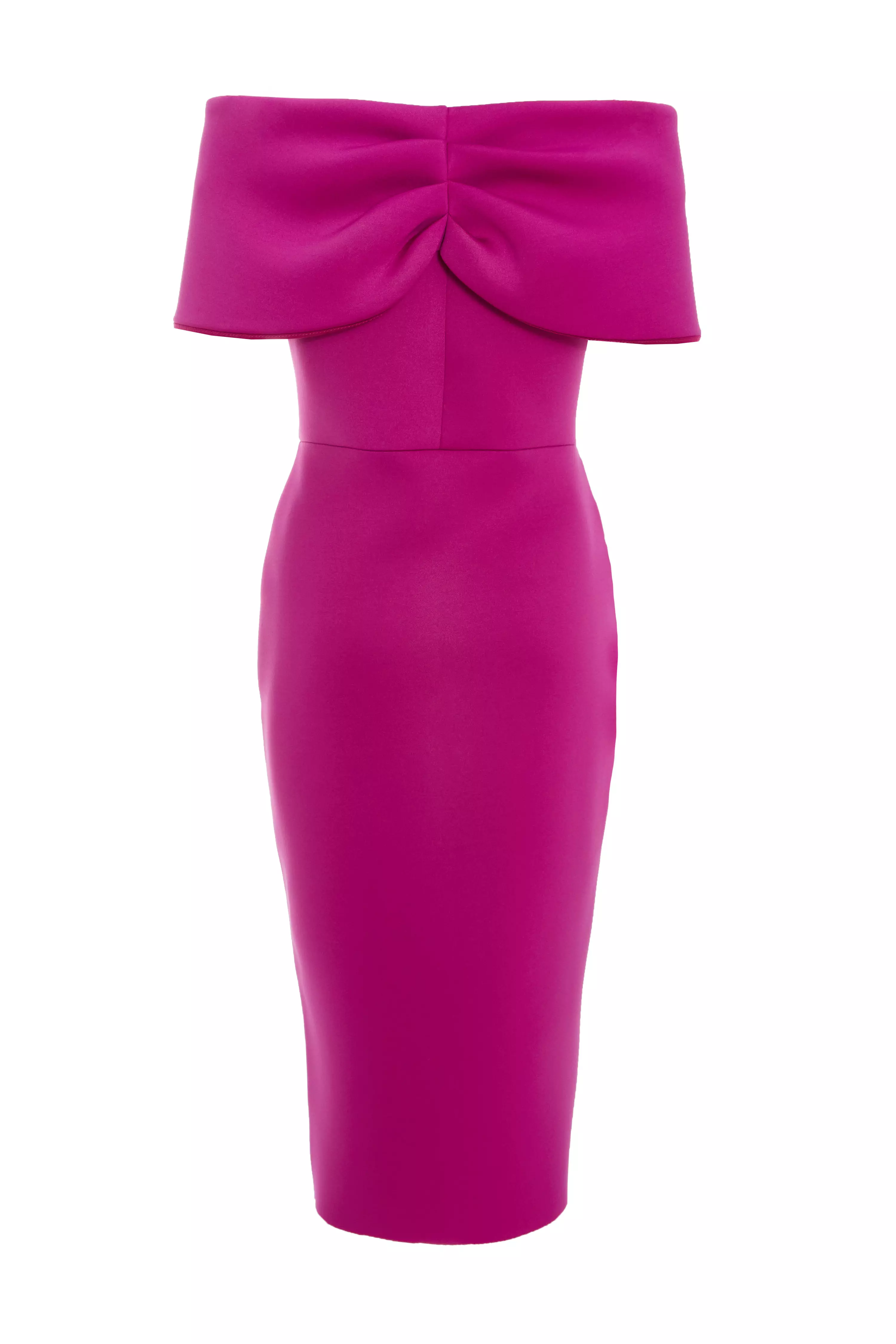 Raspberry Bardot Ruched Wrap Midi Dress