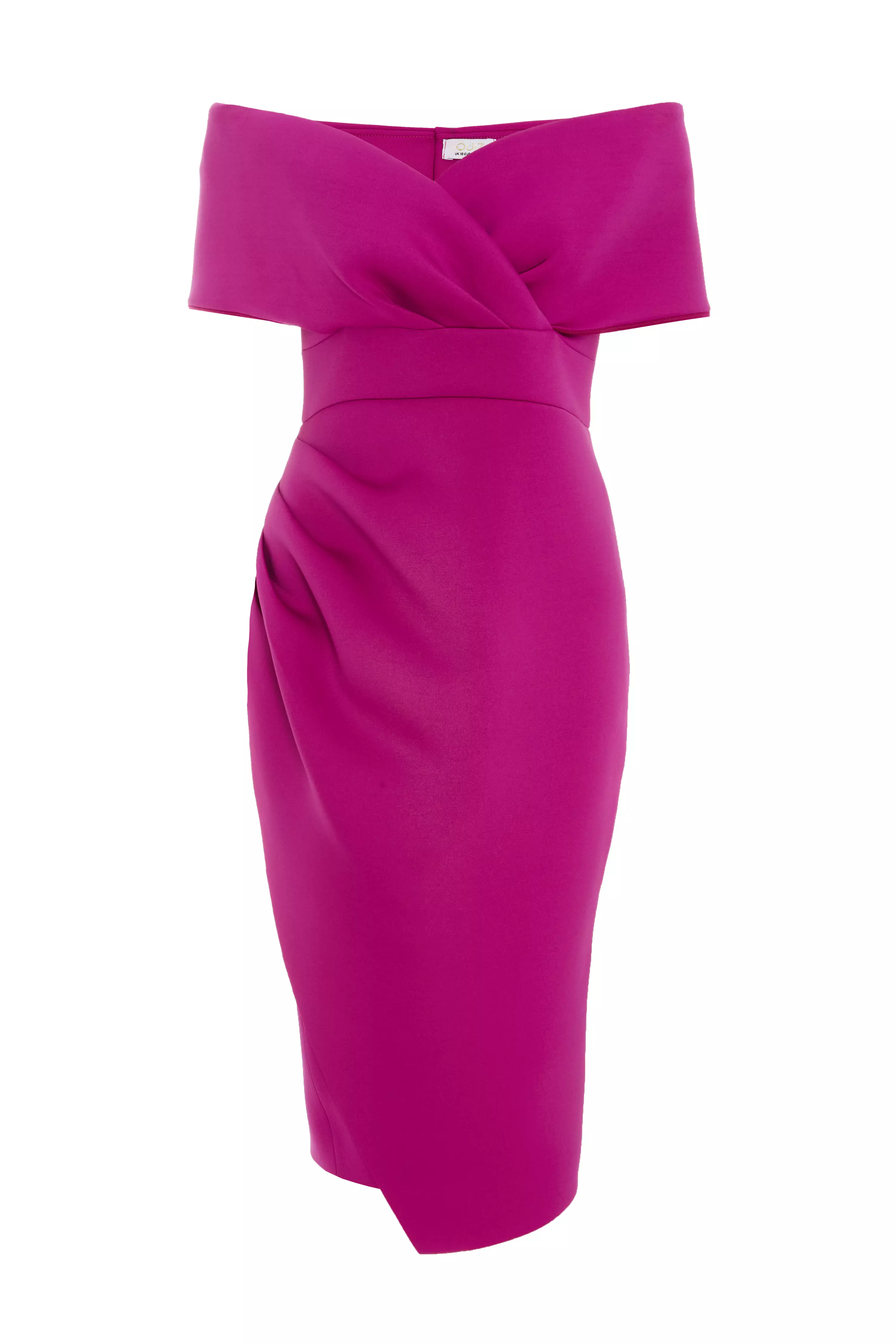 Raspberry Bardot Ruched Wrap Midi Dress