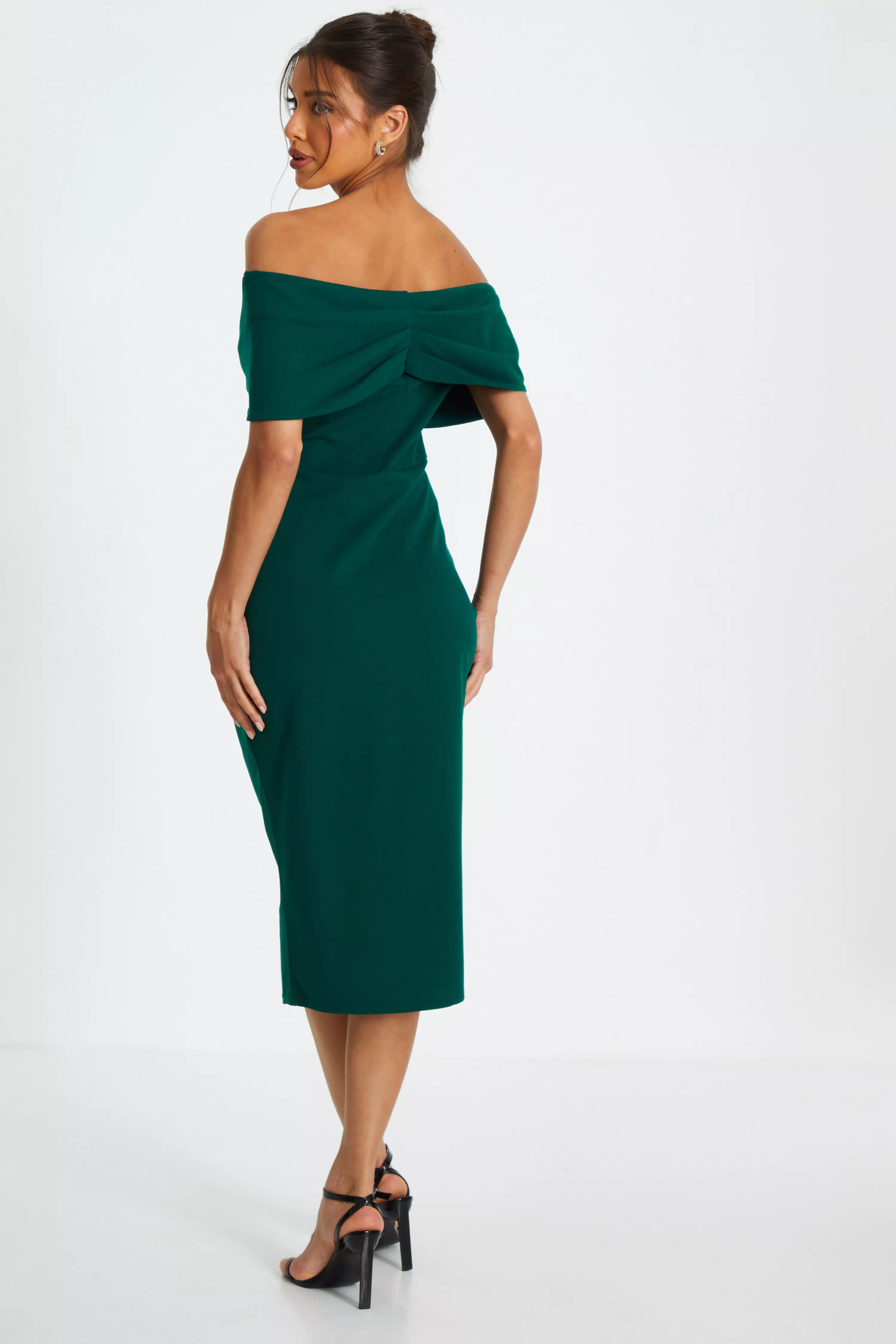 Botttle Green Bardot Ruched Wrap Midi Dress