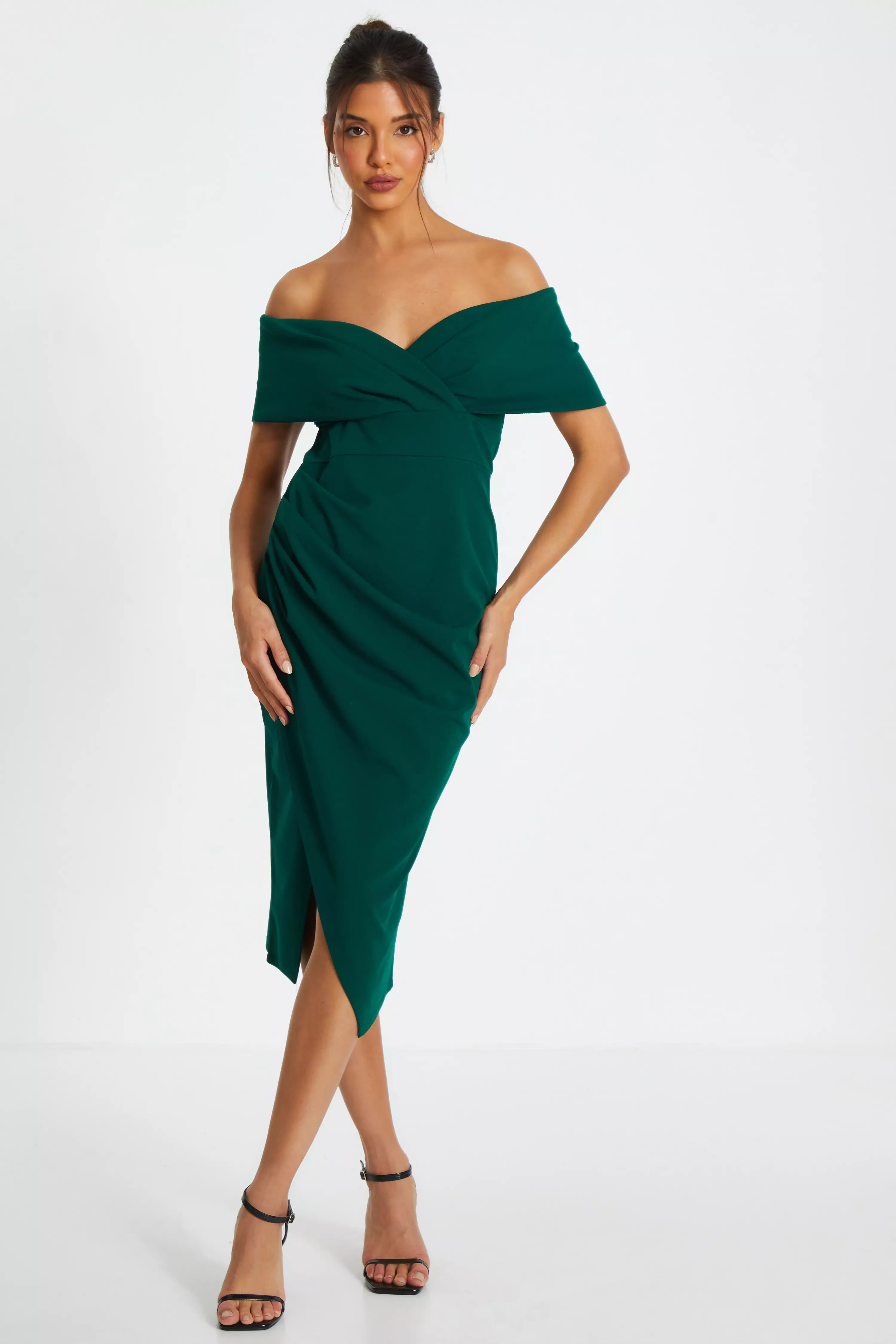 Botttle Green Bardot Ruched Wrap Midi Dress