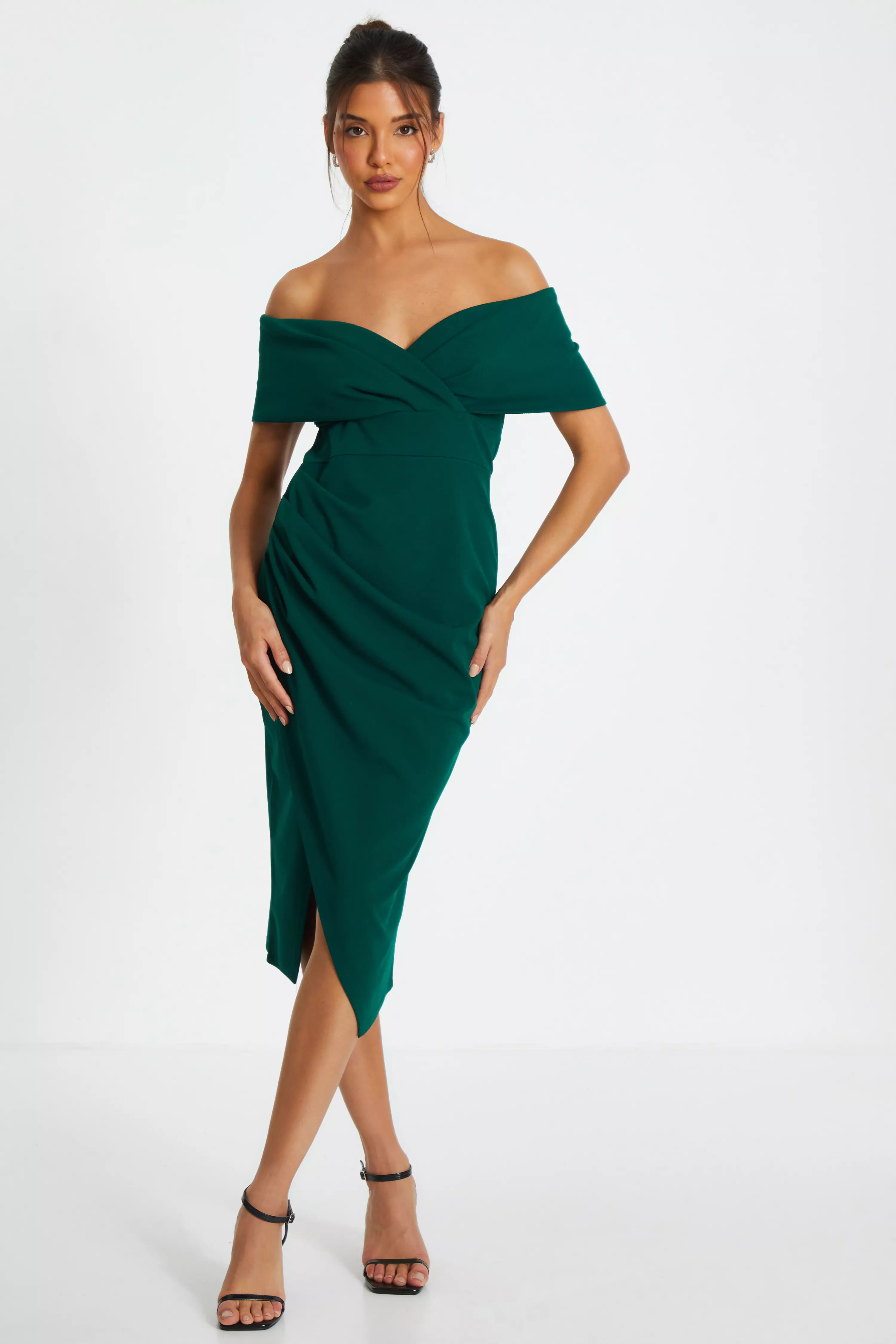 Bottle Green Bardot Ruched Wrap Midi Dress