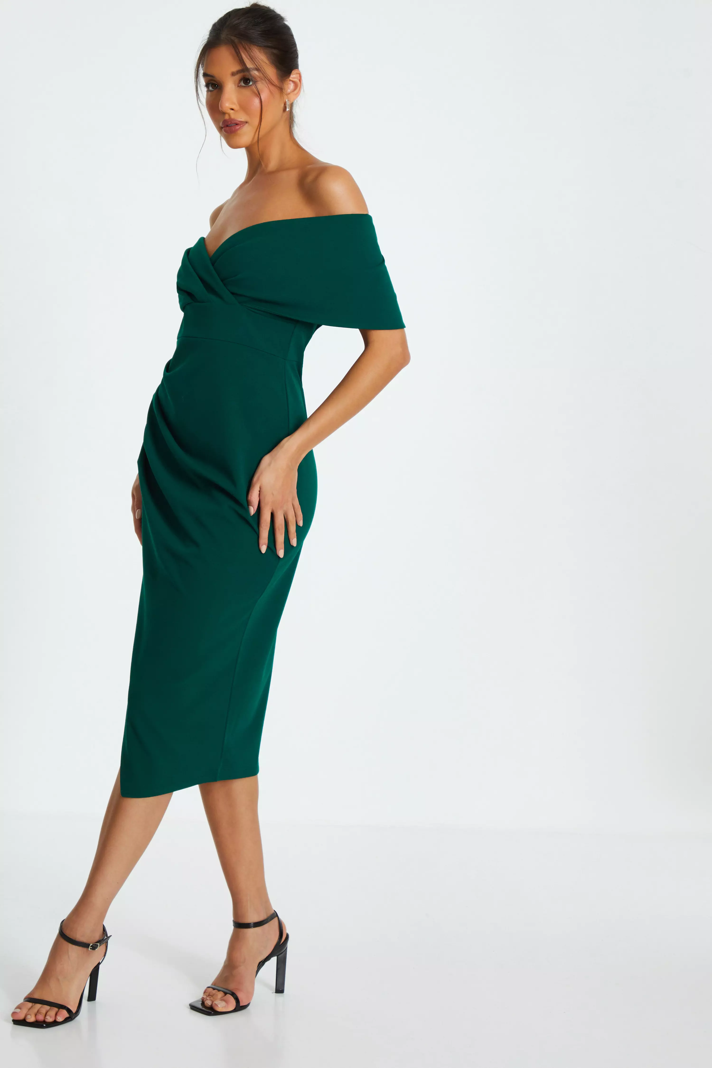 Botttle Green Bardot Ruched Wrap Midi Dress