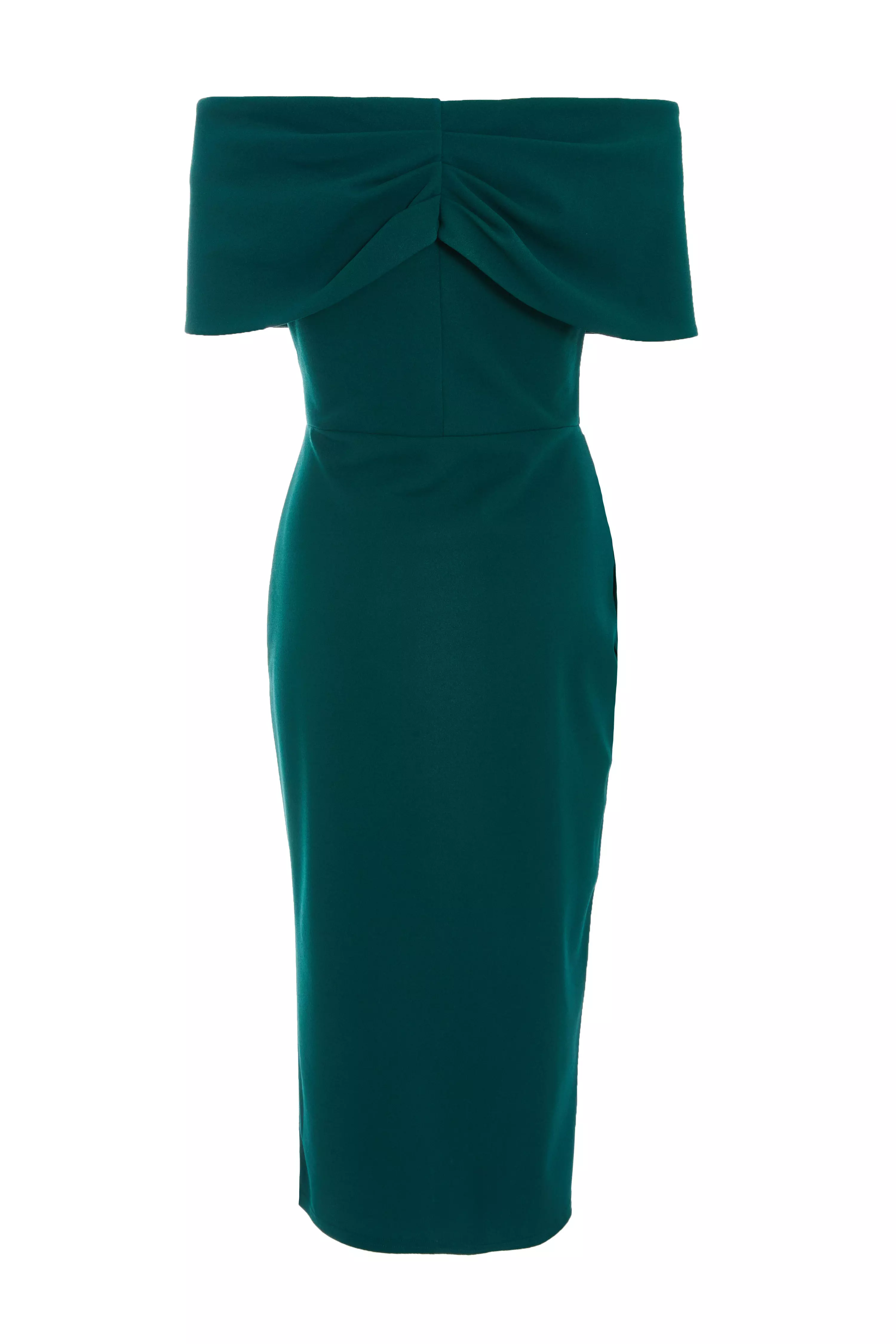 Bottle Green Bardot Ruched Wrap Midi Dress