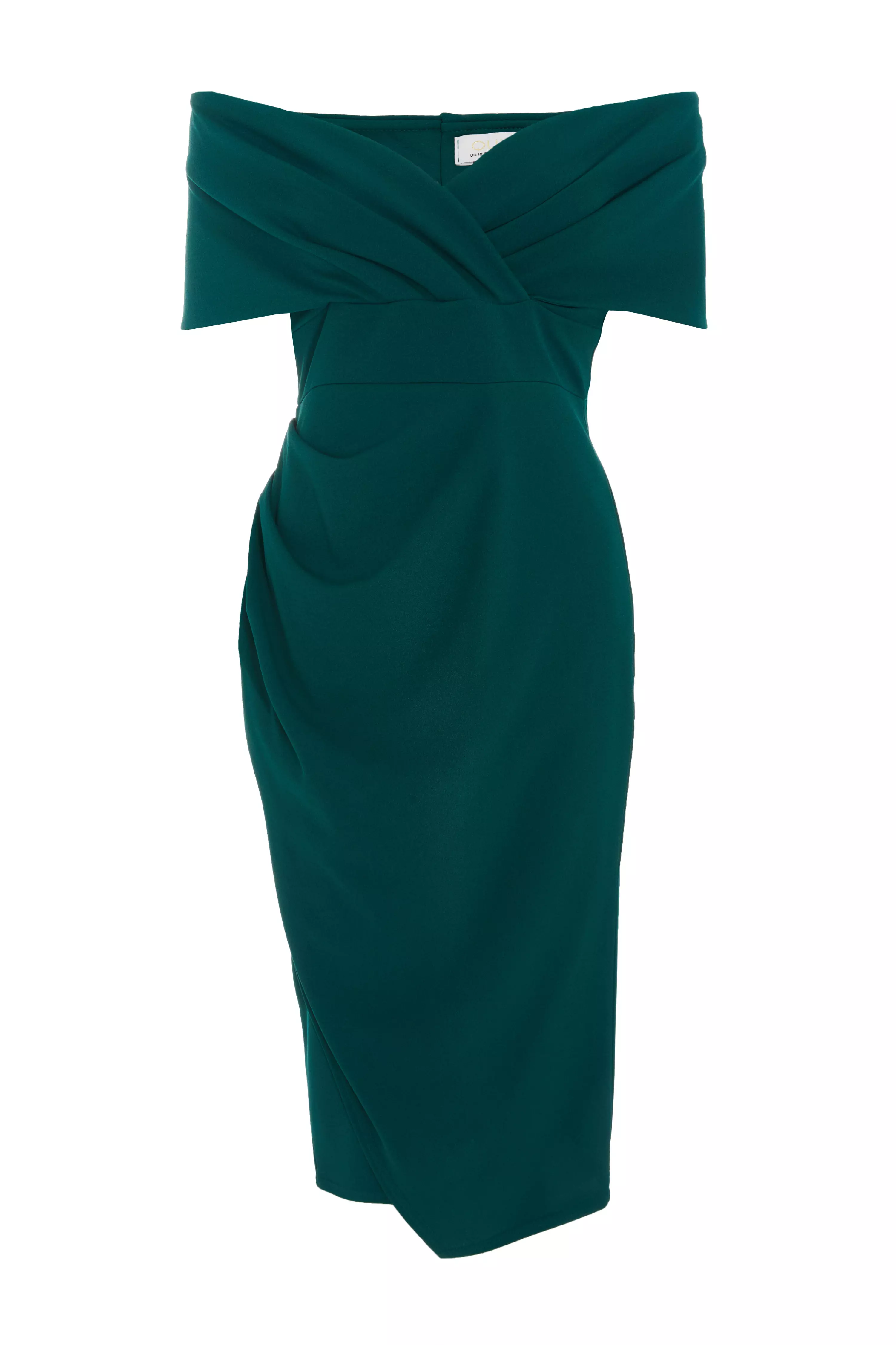 Bottle Green Bardot Ruched Wrap Midi Dress