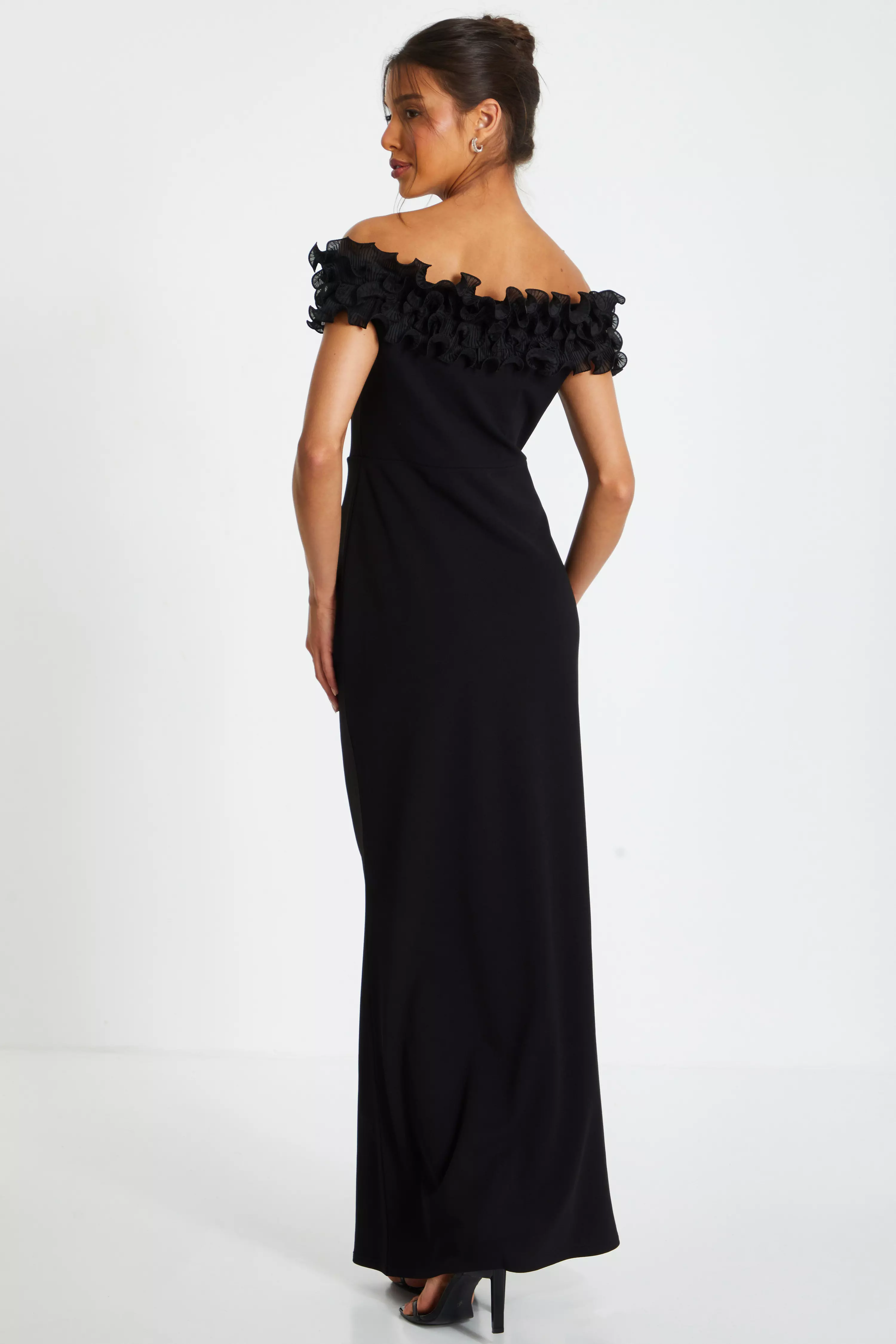 Black Bardot Ruffle Ruched Maxi Dress