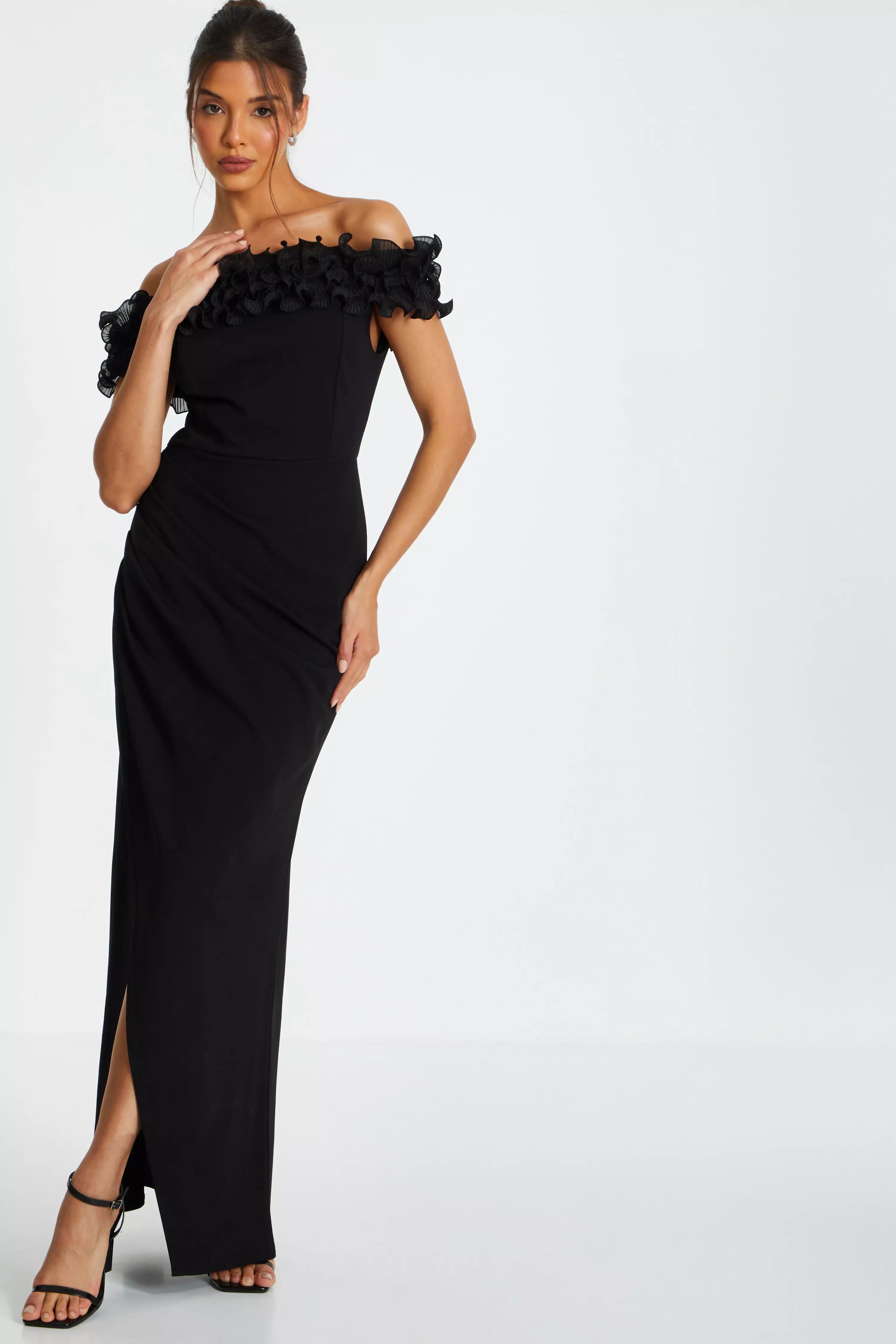 Black Bardot Ruffle Ruched Maxi Dress