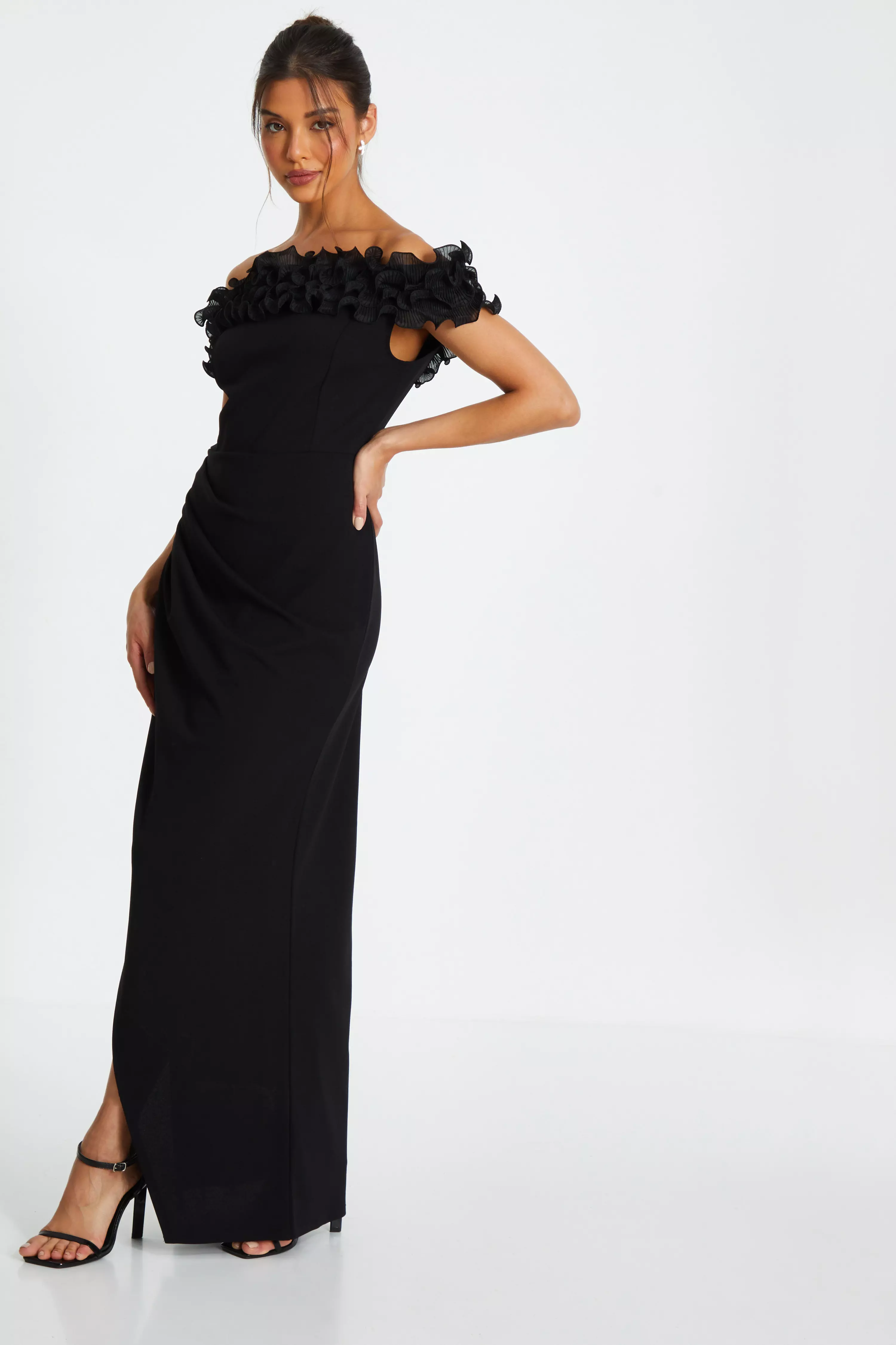 Black Bardot Ruffle Ruched Maxi Dress