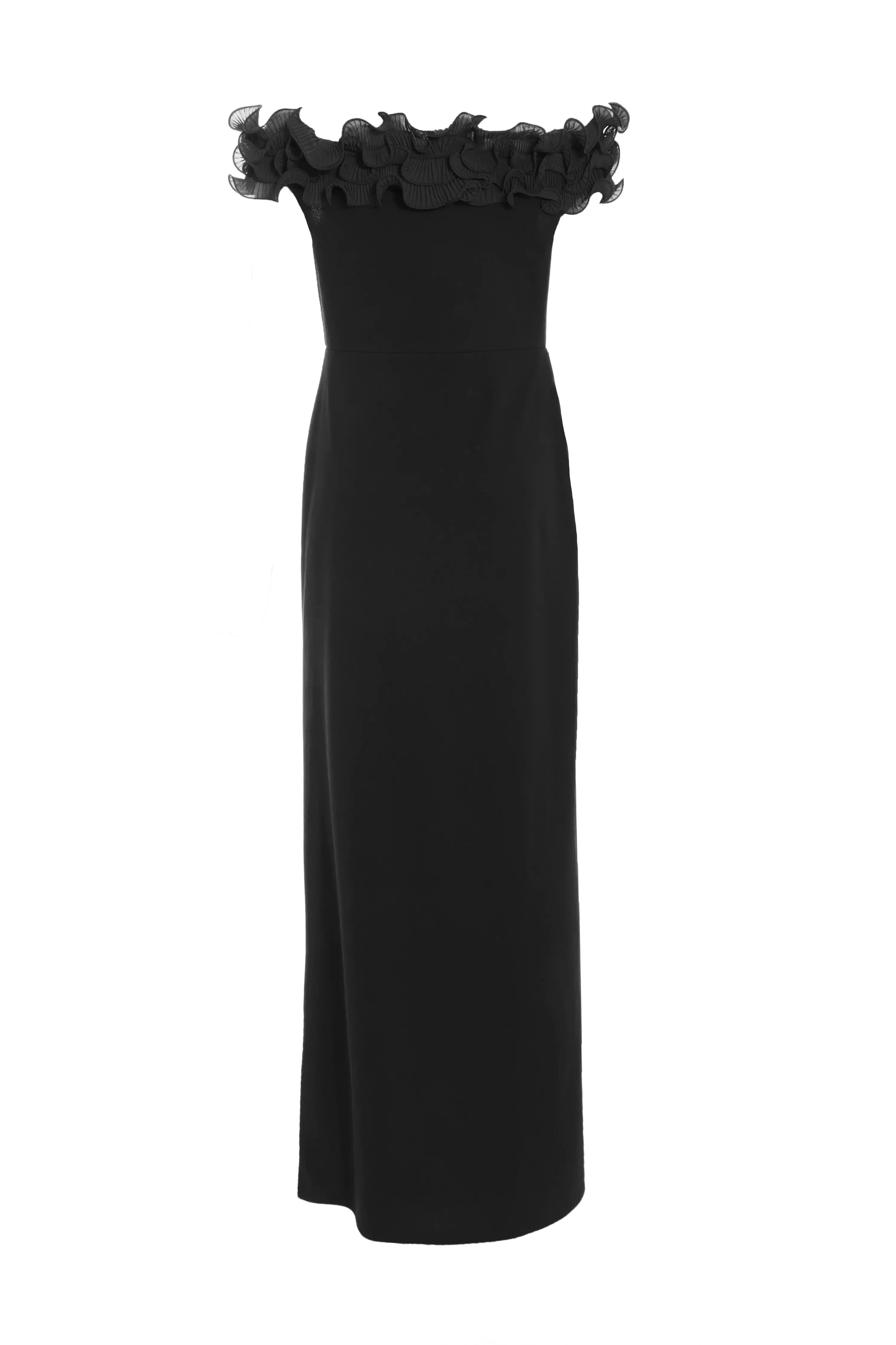 Black Bardot Ruffle Ruched Maxi Dress