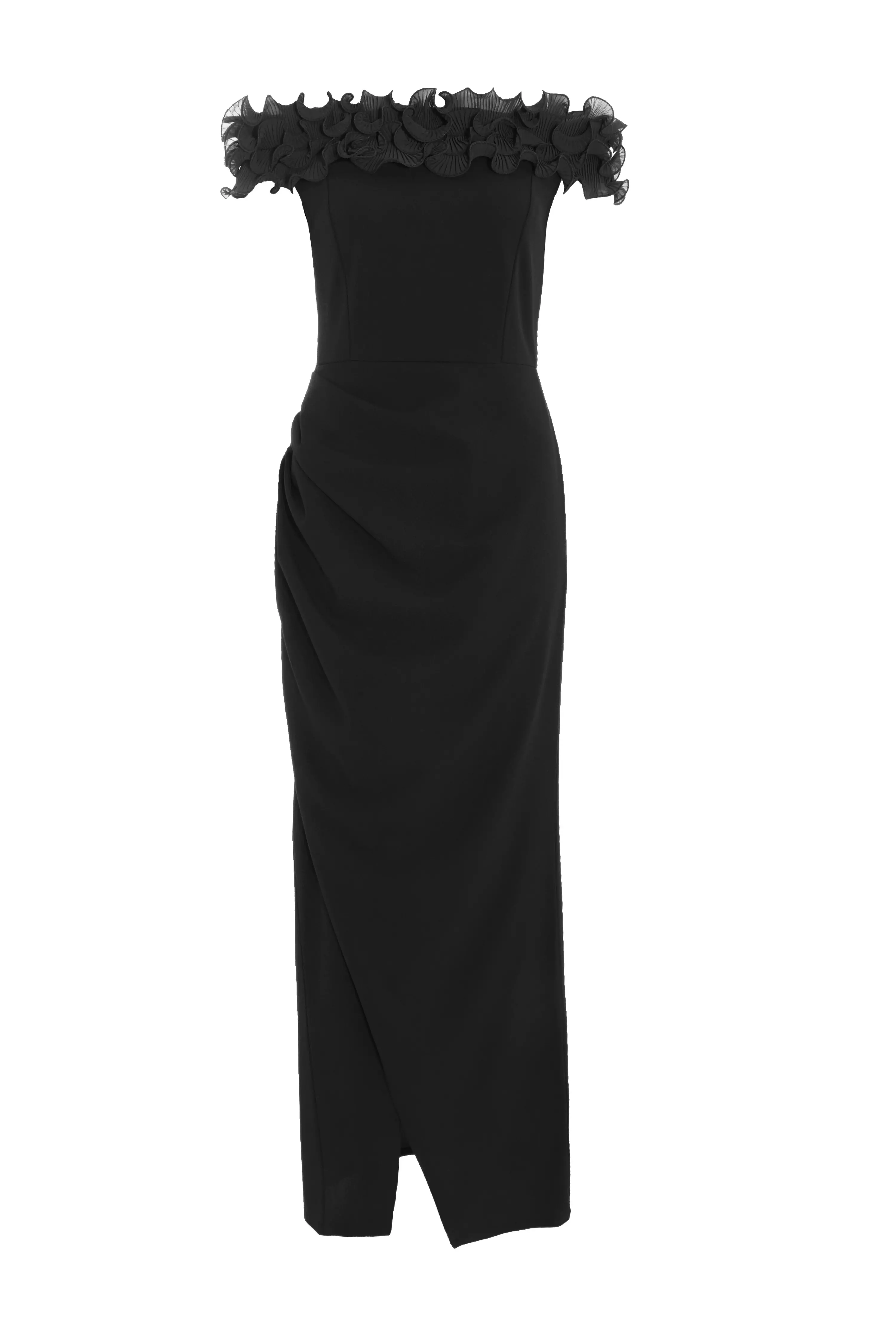 Black Bardot Ruffle Ruched Maxi Dress