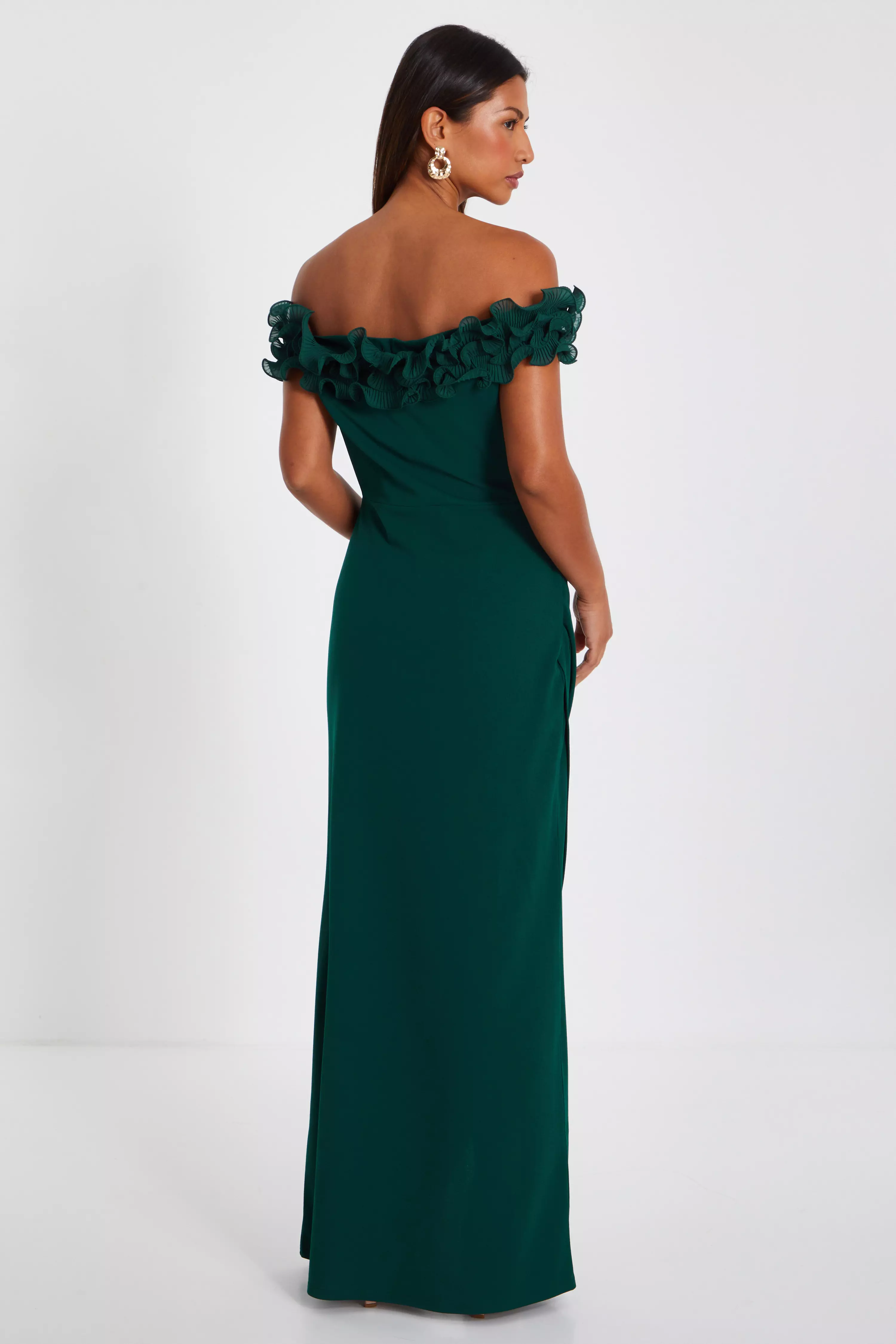 Bottle Green Ruffle Bardot Maxi Dress