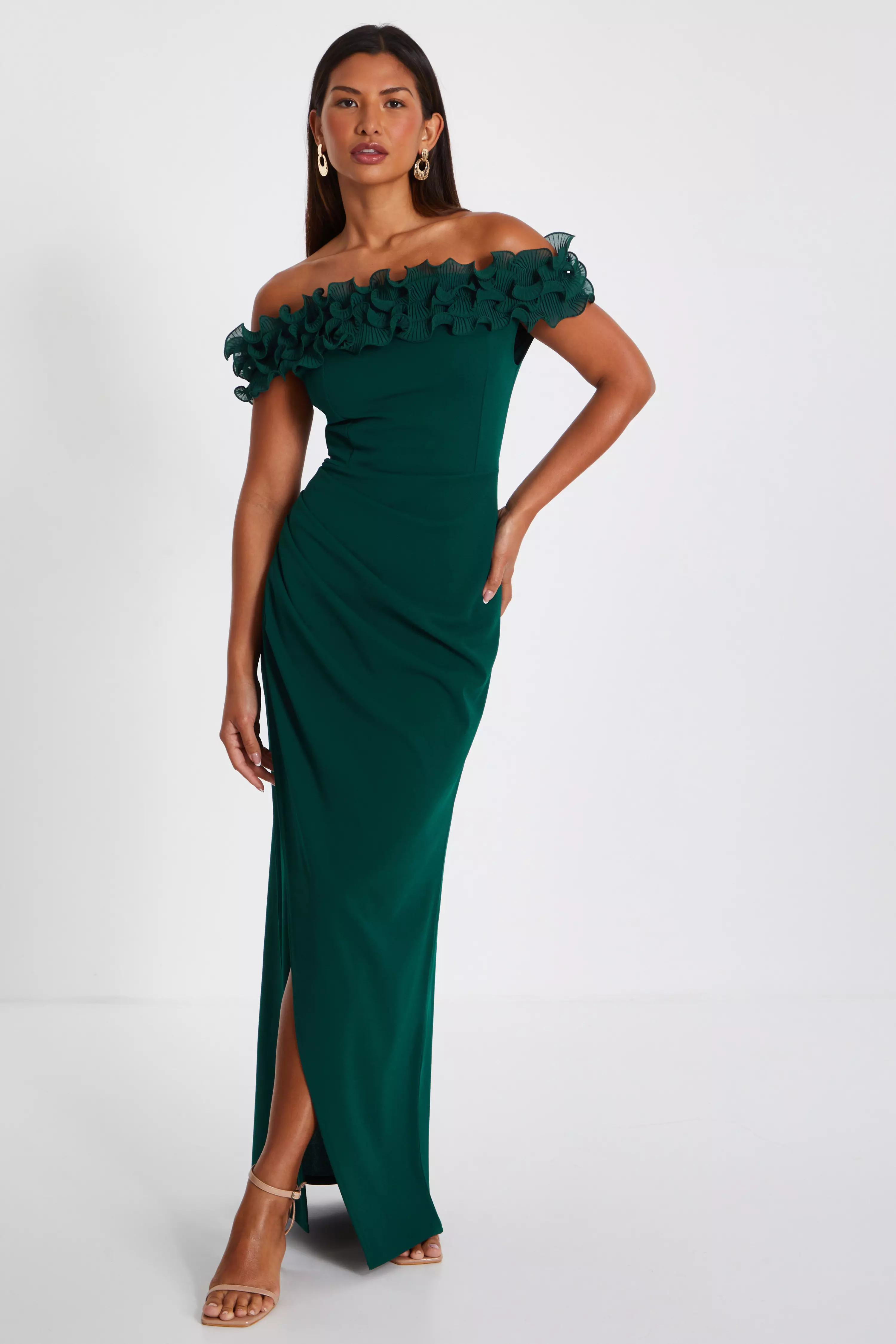 Bottle Green Ruffle Bardot Maxi Dress