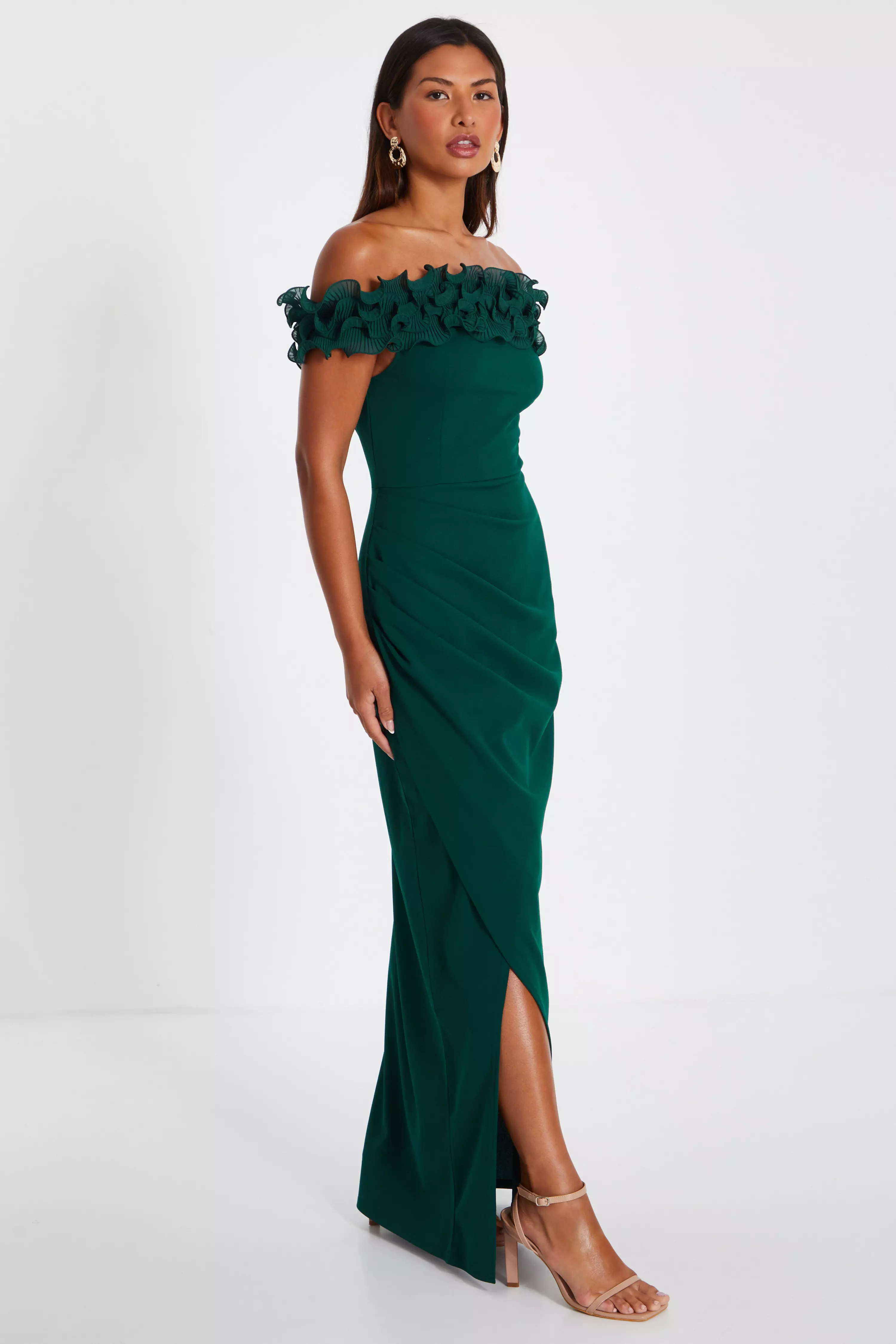 Bottle Green Ruffle Bardot Maxi Dress