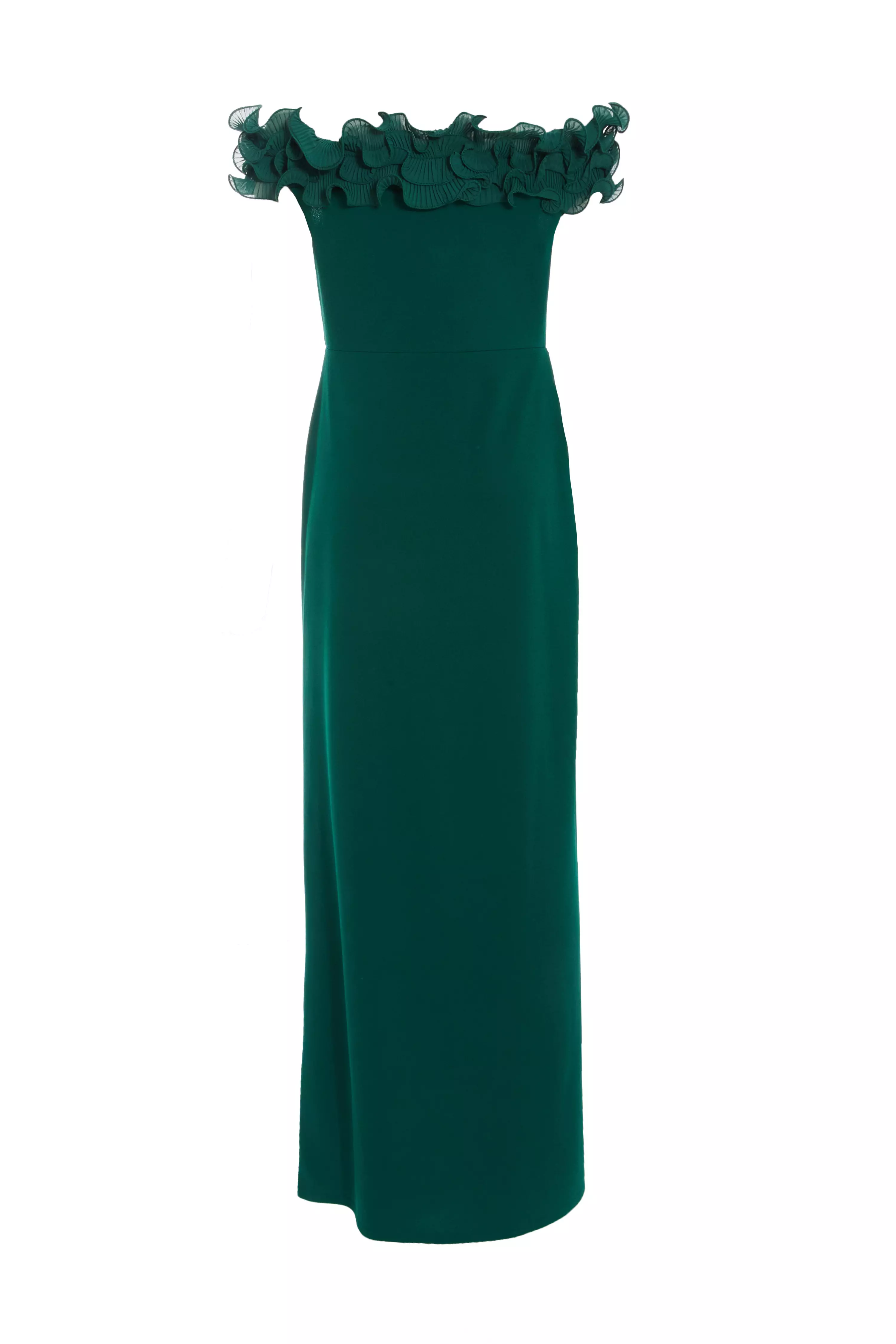 Bottle Green Ruffle Bardot Maxi Dress