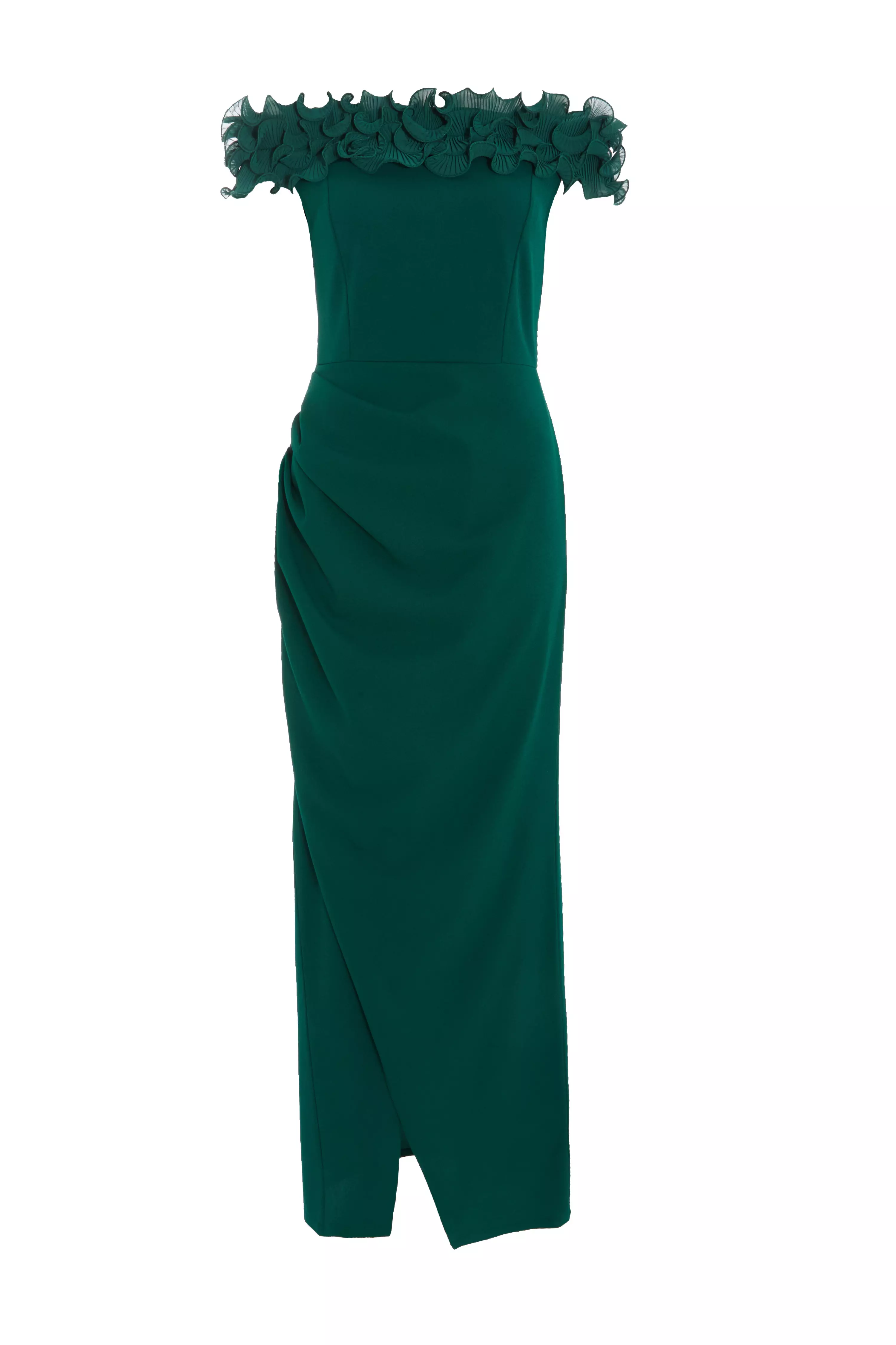 Bottle Green Ruffle Bardot Maxi Dress