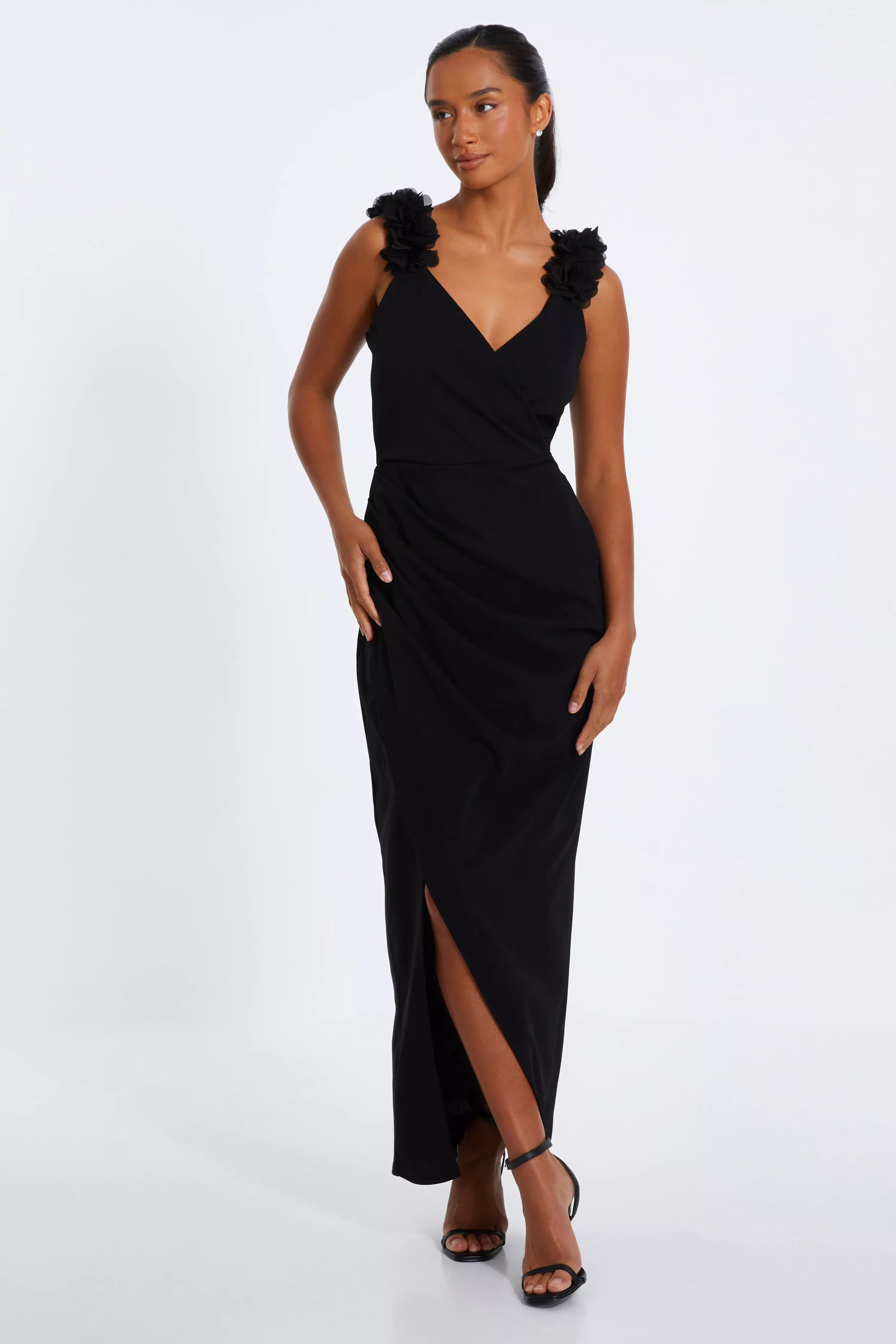 Petite Black Ruffle Wrap Maxi Dress