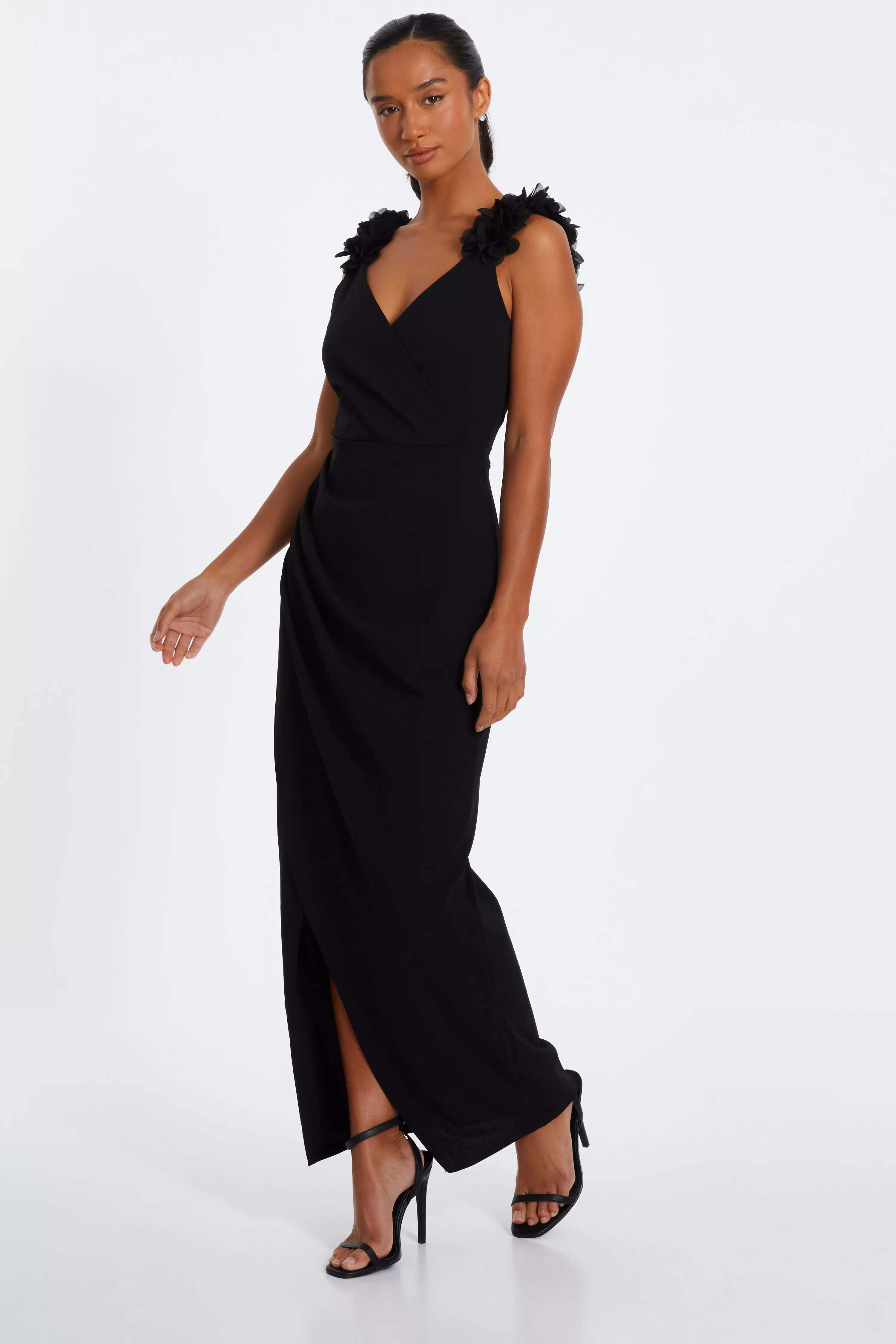 Petite Black Ruffle Wrap Maxi Dress