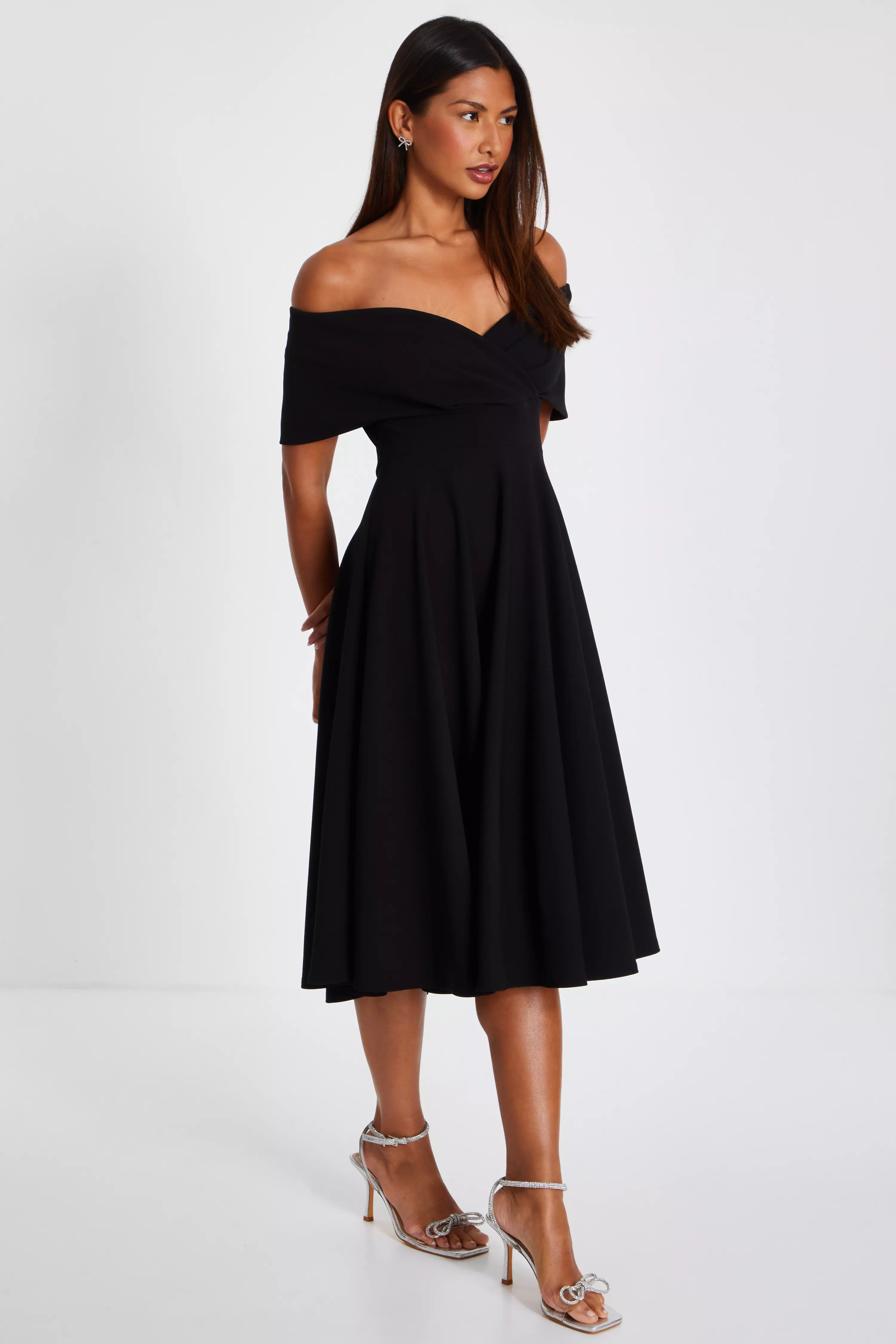 Black Bardot Skater Midi Dress