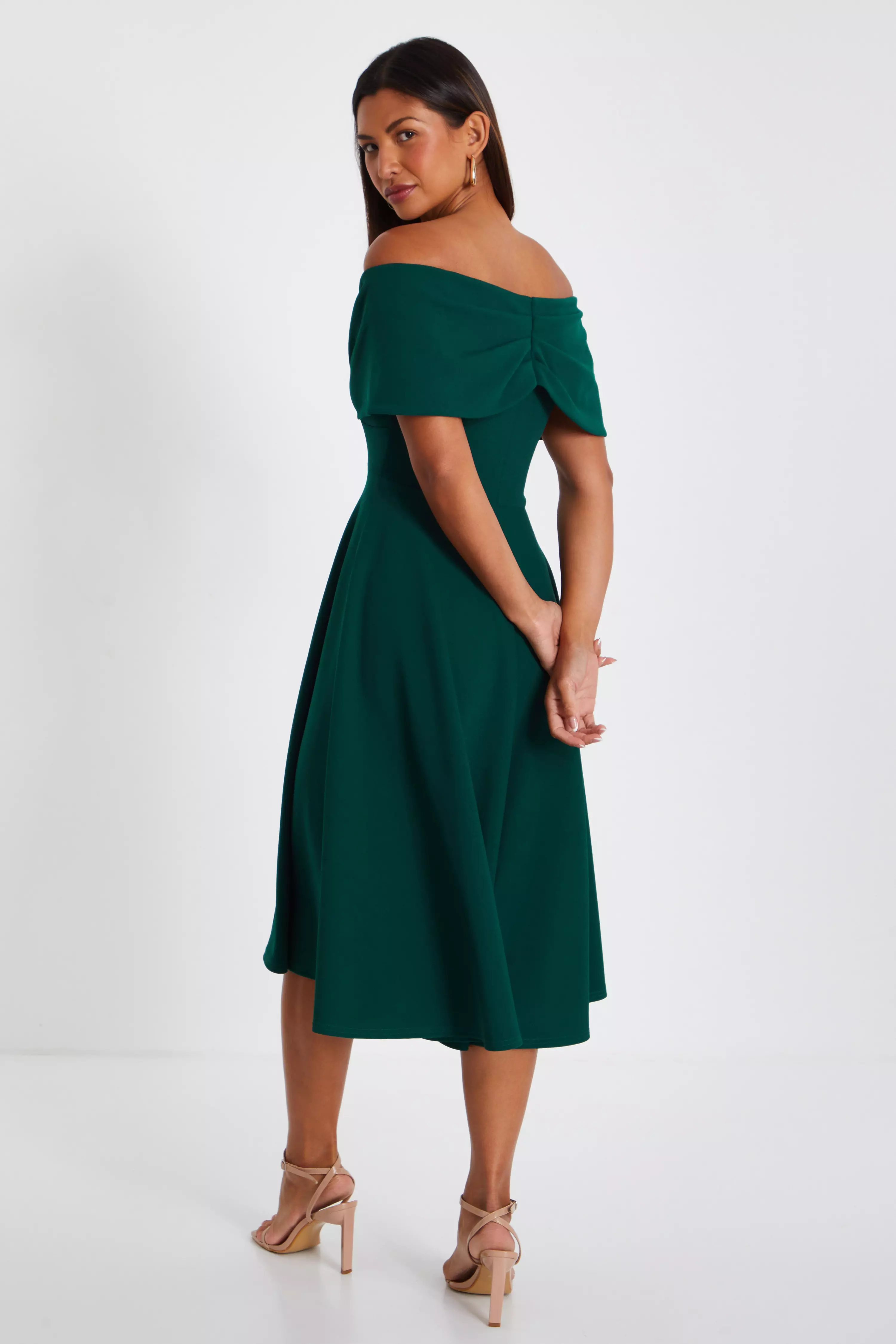 Bottle Green Bardot Skater Midi Dress