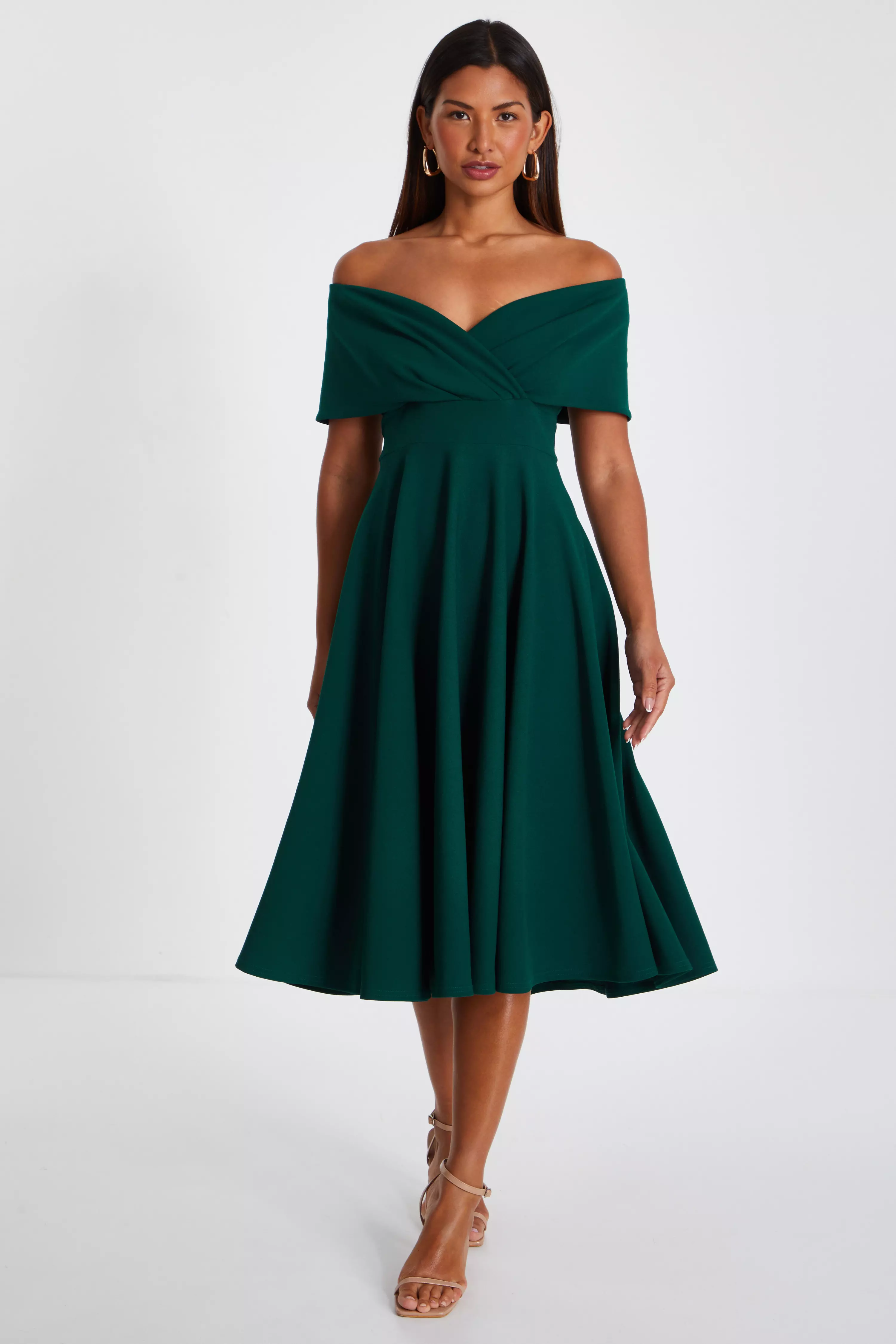 Bottle Green Bardot Skater Midi Dress