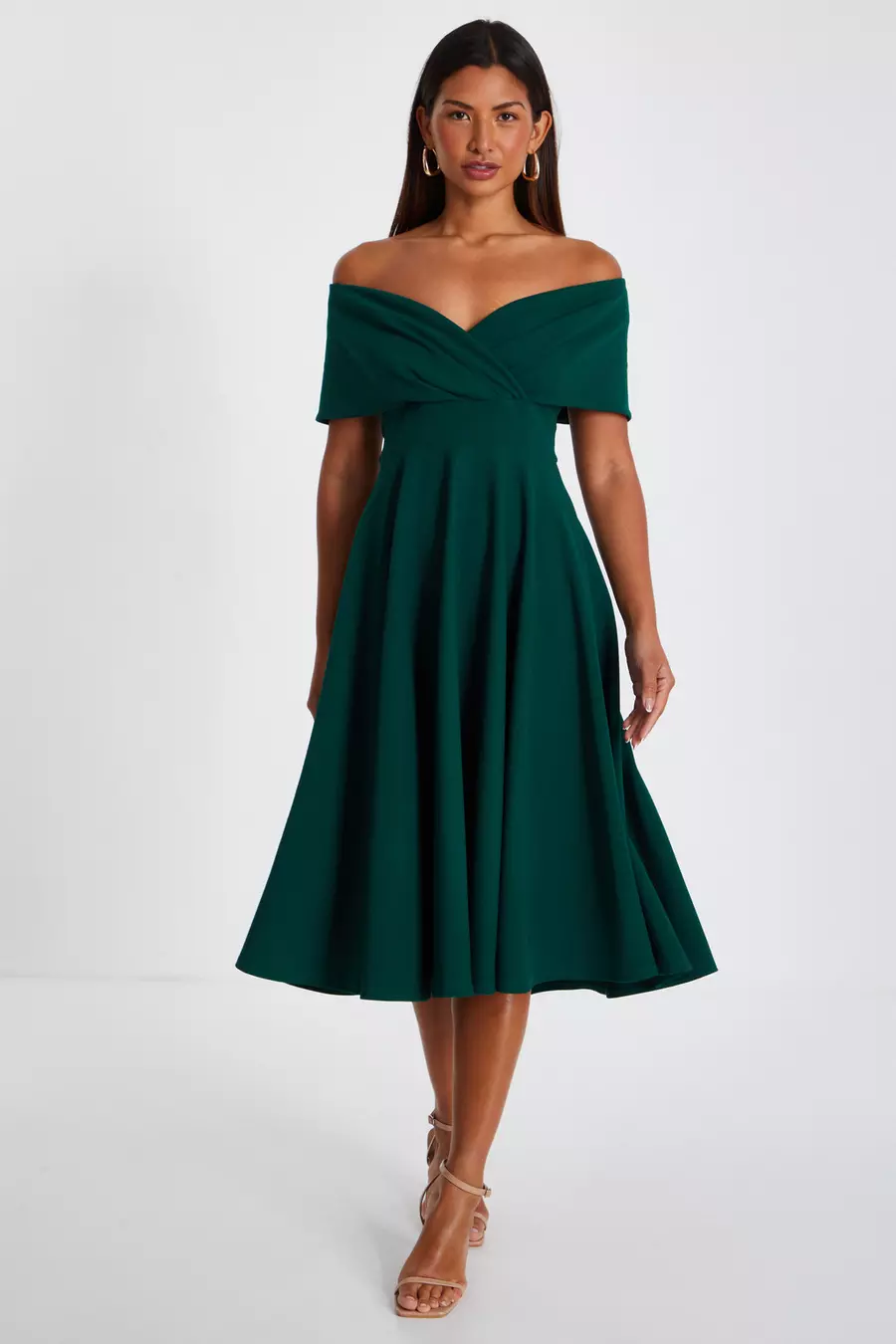 Bottle Green Bardot Skater Midi Dress QUIZ Clothing