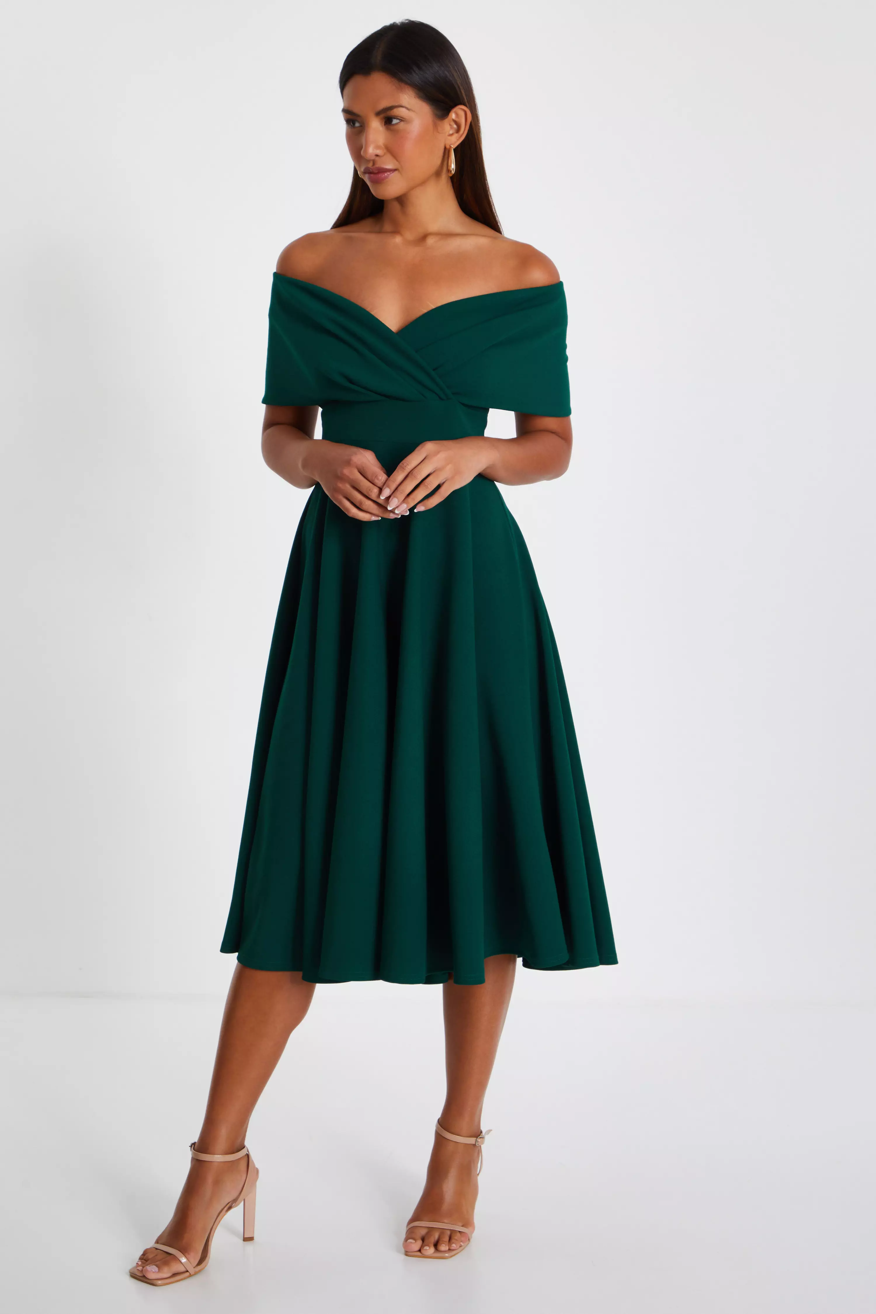 Bottle Green Bardot Skater Midi Dress