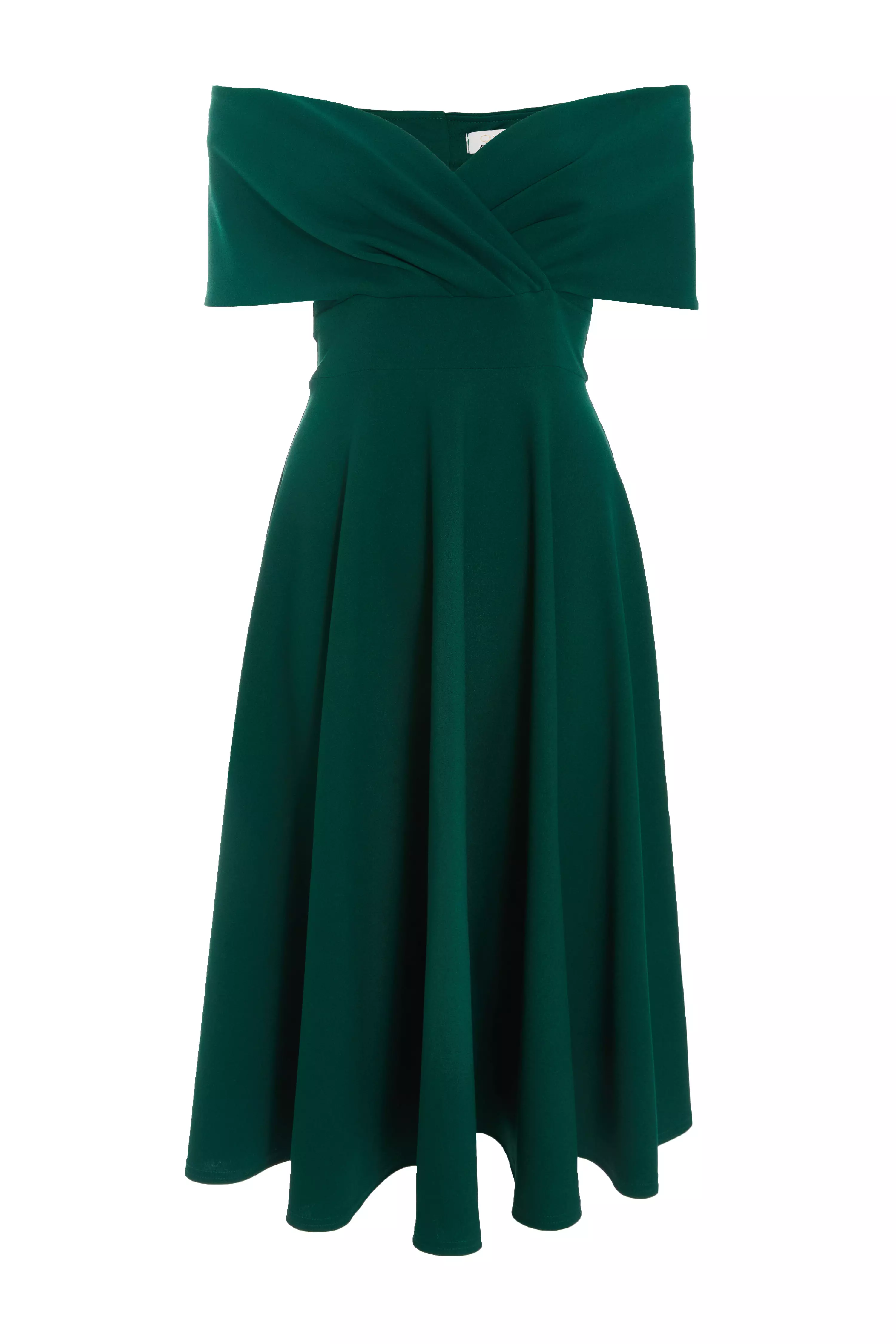 Bottle Green Bardot Skater Midi Dress