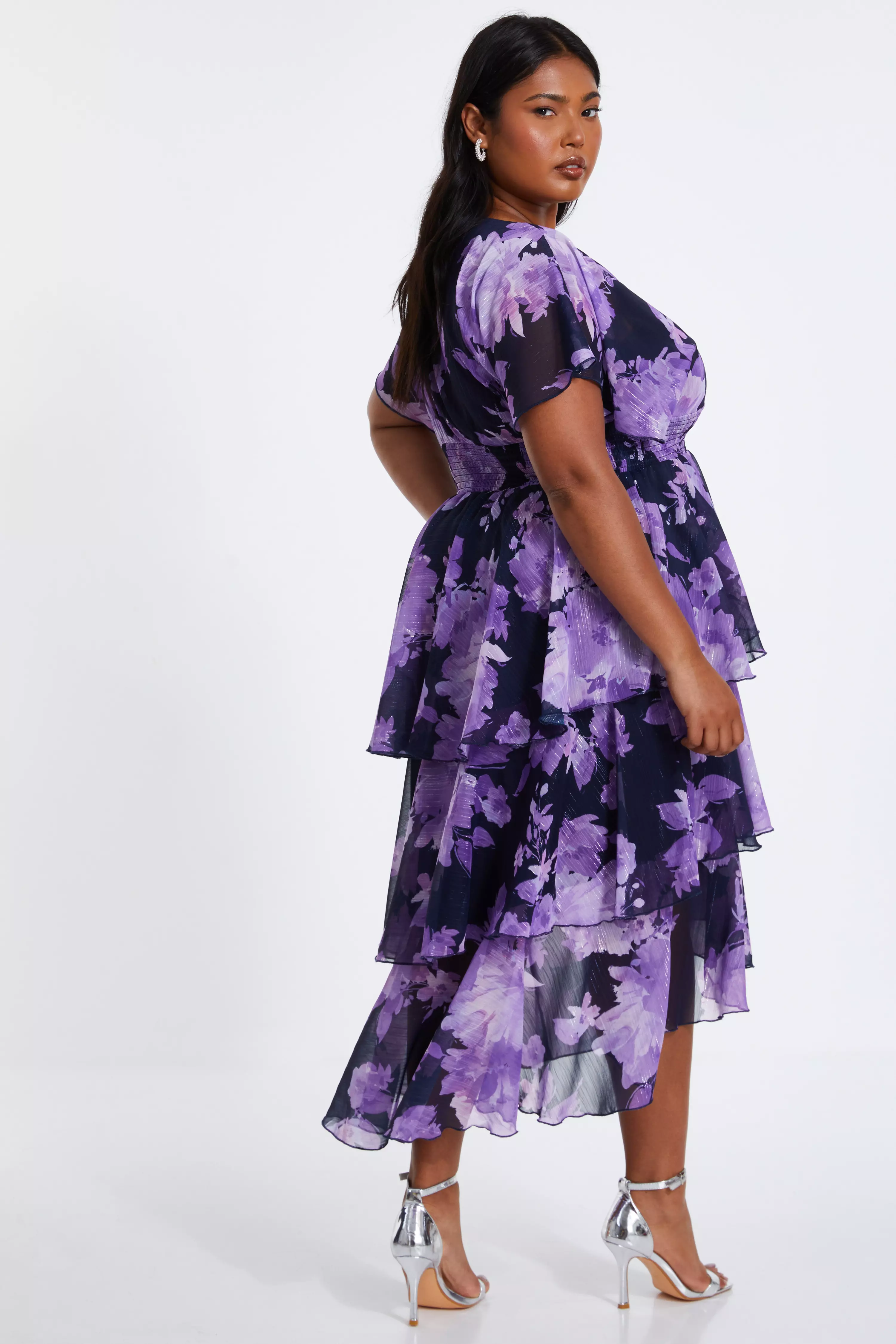 Curve Navy Floral Dip Hem Tiered Midi Dress