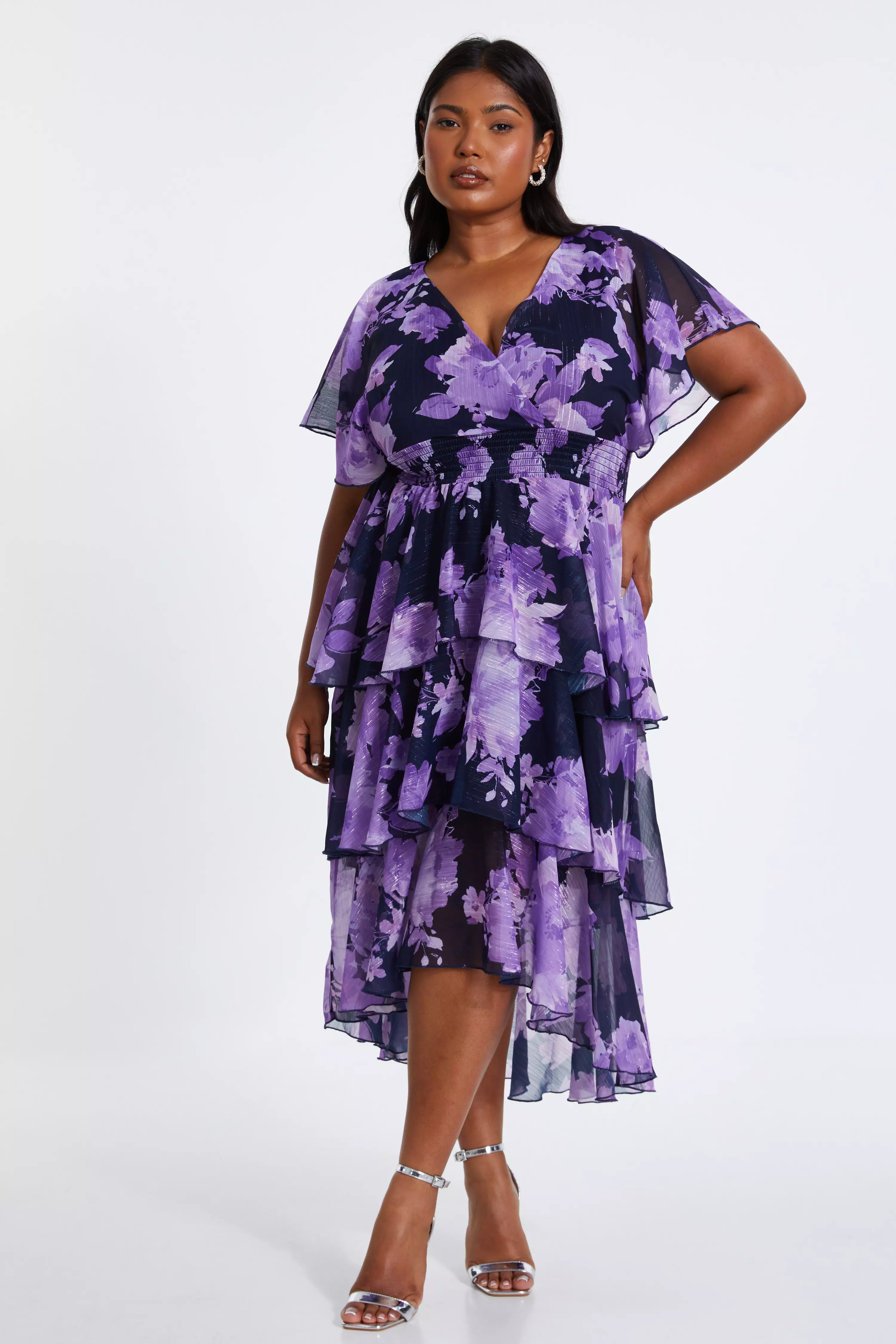 Curve Navy Floral Dip Hem Tiered Midi Dress