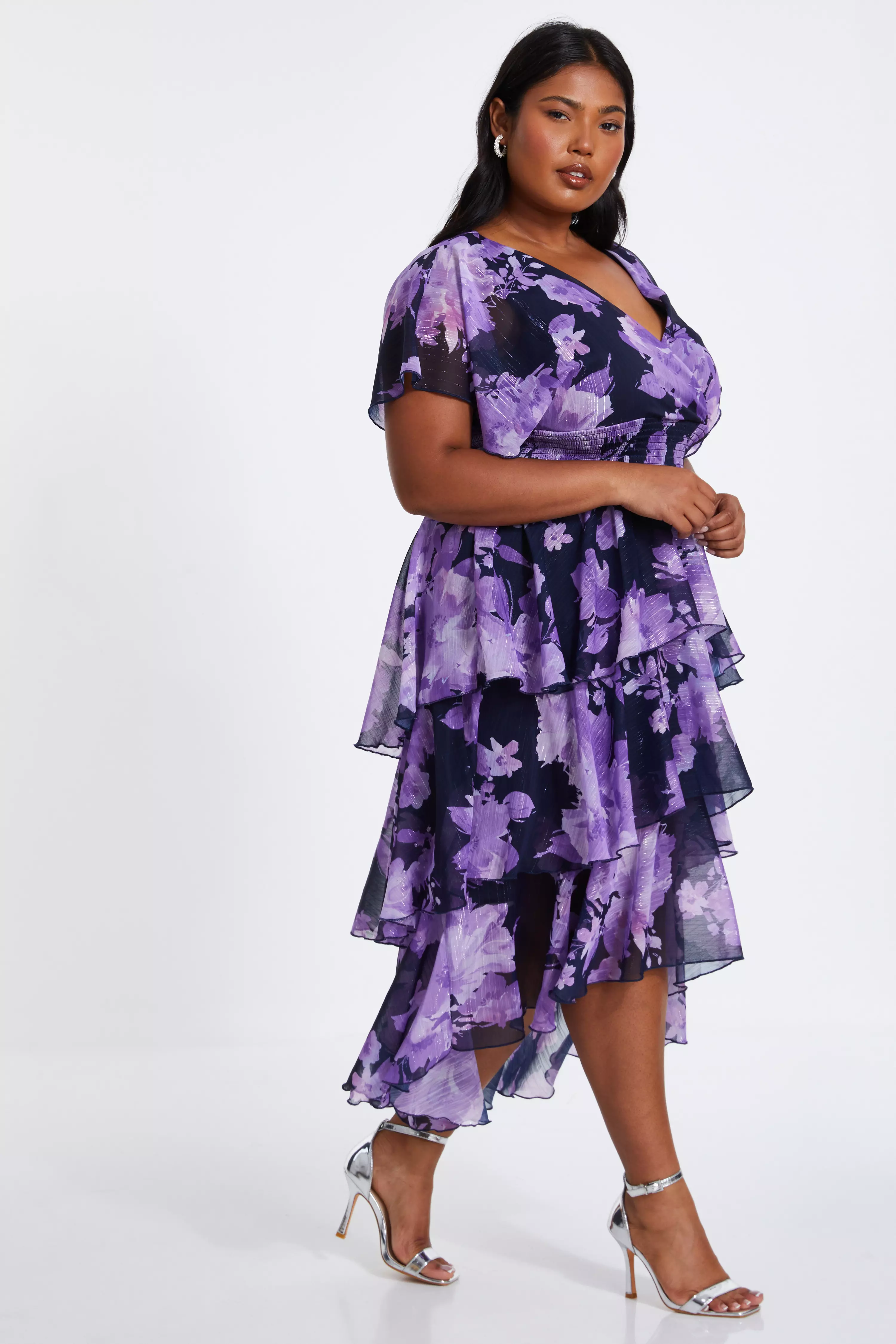 Curve Navy Floral Dip Hem Midi Dress